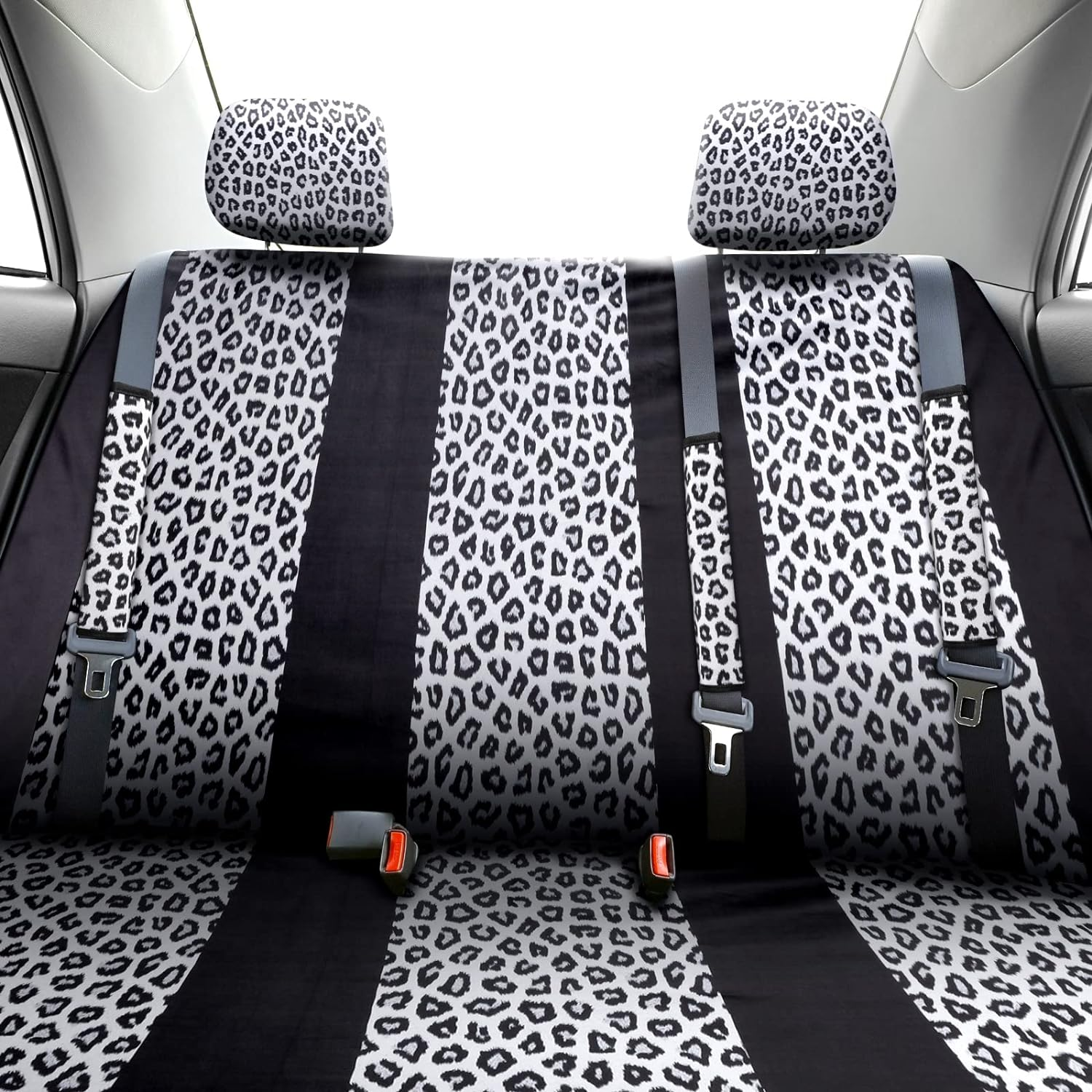 Frienda 24 Pcs Leopard Car Accessories Leopard Car Seat Cover Full Set Cheetah Steering Wheel Metal License Plate Headrest Seat Belt Armrest Pad Handbrake Gear Cover Keyring(White Black) image number 3