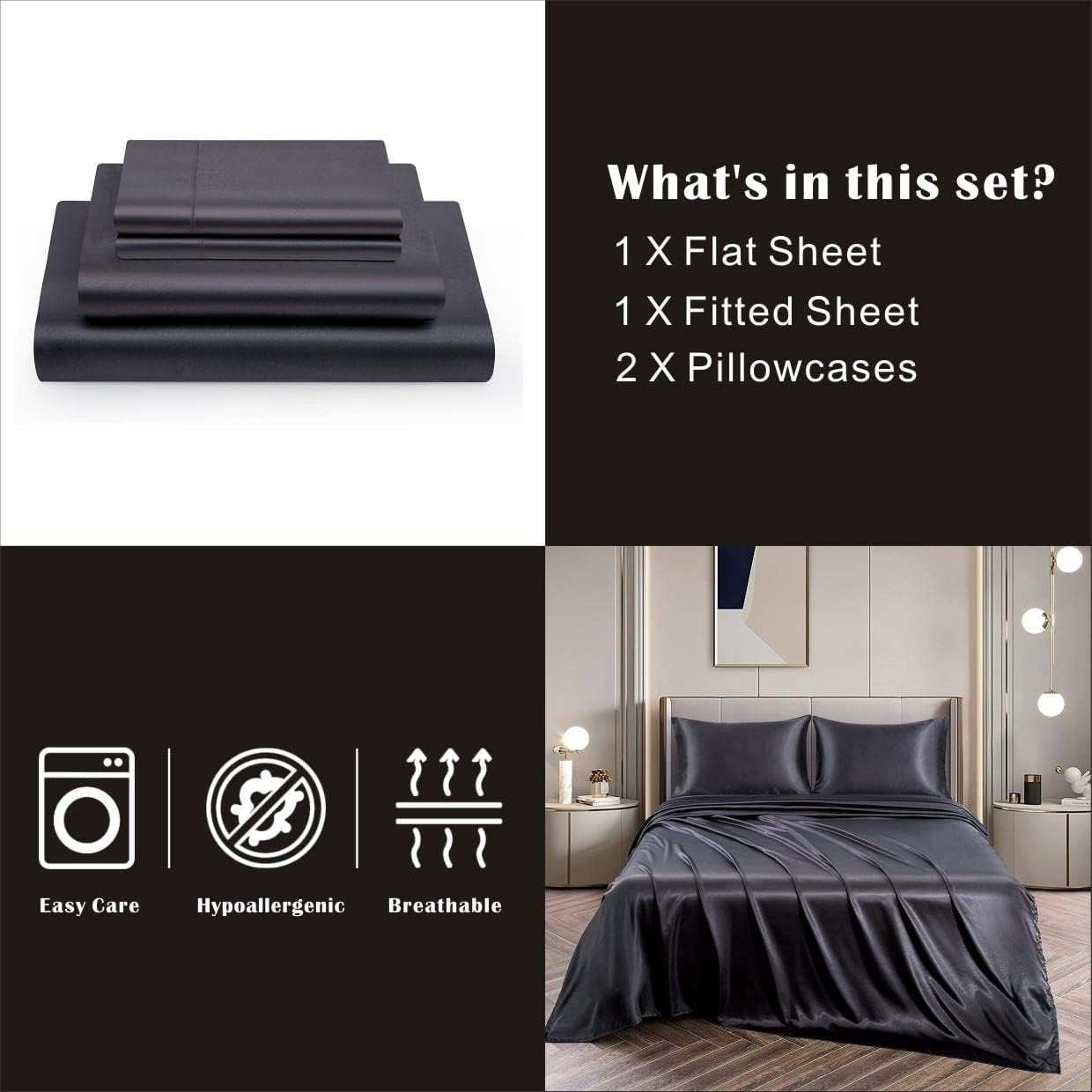 Forzzz 2000TC Art Silk Satin Queen Sheet Set Hotel 4 Pieces Fitted/Flat Sheet Bedding Set(Black,Queen) image number 4