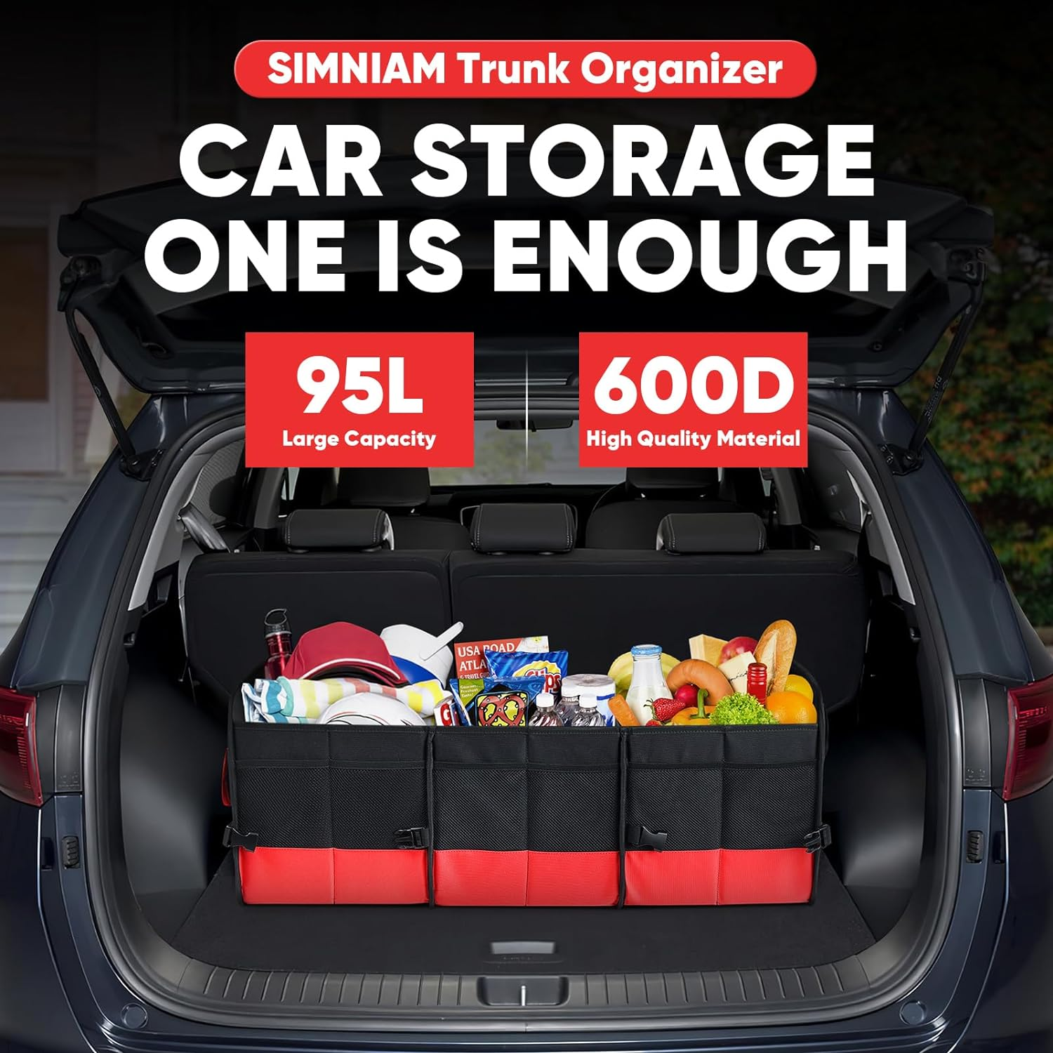 Simniam Large Trunk Organizer for Car, Collapsible Multi Compartment Car Trunk Organizer with 2 Retractable Straps, Suitable for All Kinds of Cars, SUV, Minivan - 4 Compartments Red image number 3