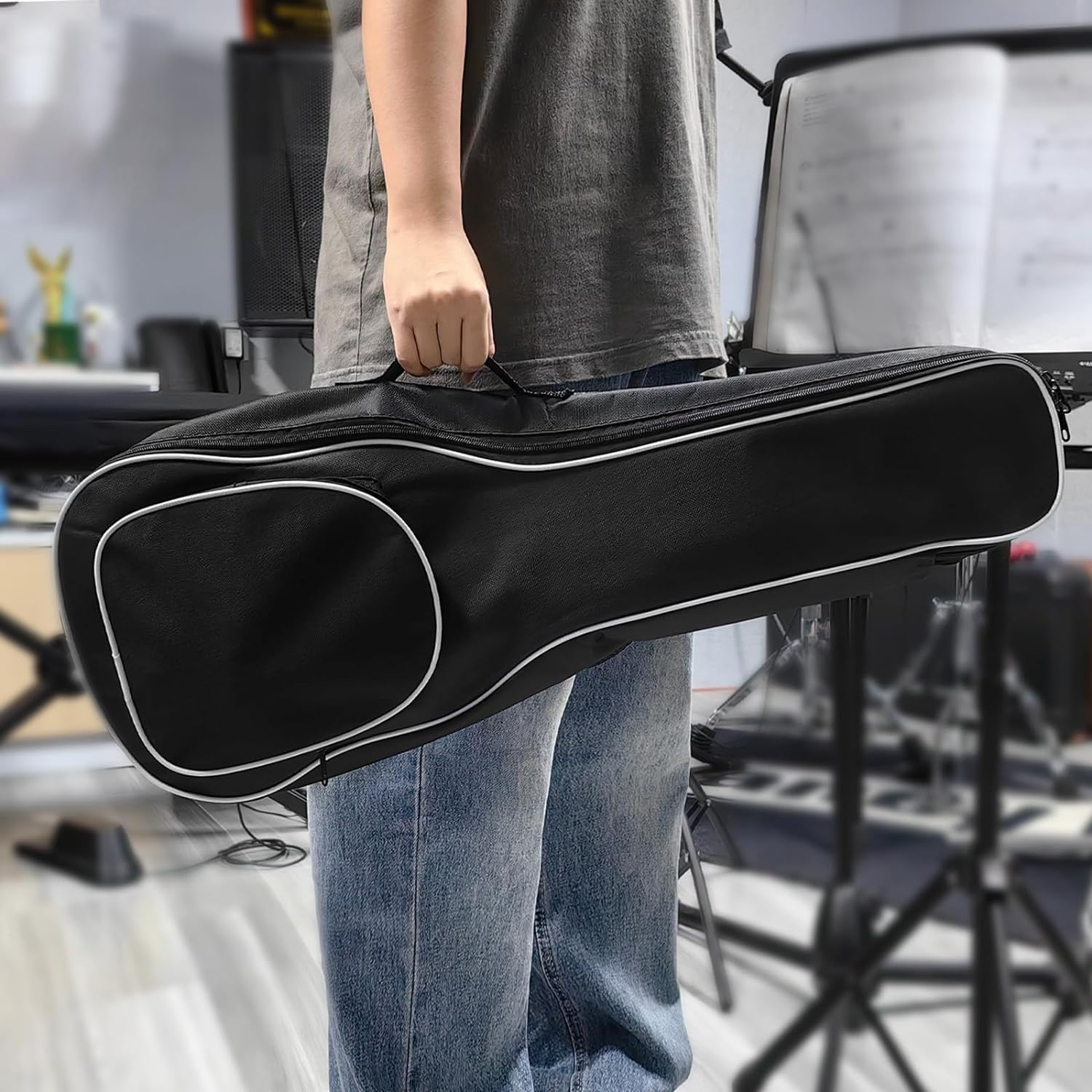 23 Inch Ukulele Case Backpack Straps Gig Bag Case Storage for Travel Performance Concert Show (Black with White Edge)