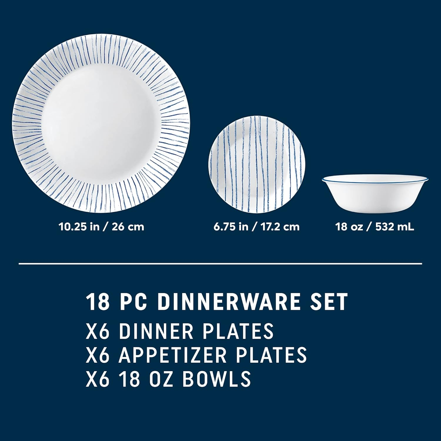 Corelle Nautical Stripes Dinnerware 18-Piece Set, White image number 5