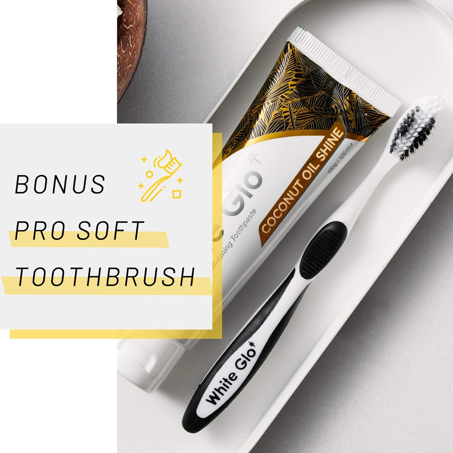 White Glo Coconut Oil Whitening Toothpaste, Refreshing Coconut & Mint Flavour, Premium Fluoride, Holistic Oral Care, Infused Luxurious Coconut Oil for Sparkling White Teeth and Ultimate Clean - 150G