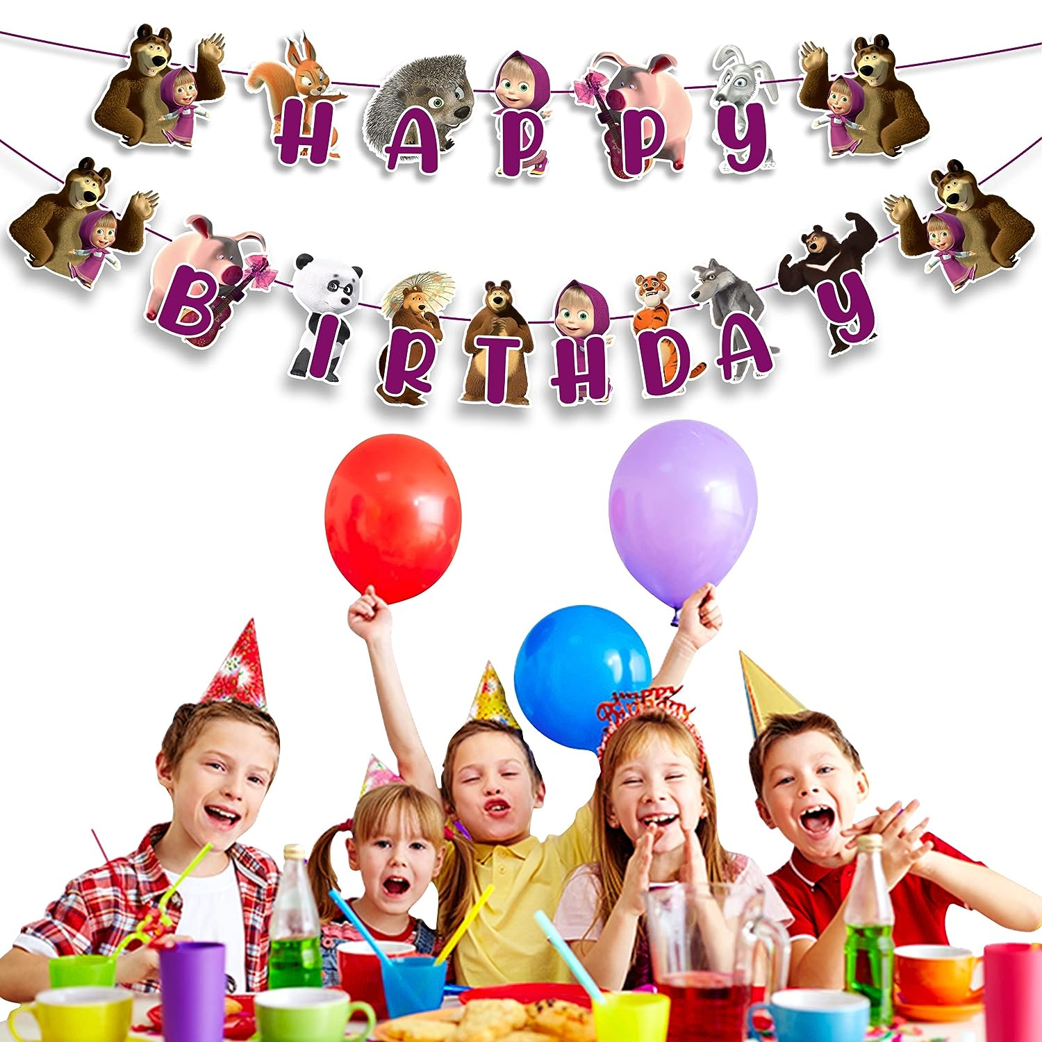 Masha and the Bear Happy Birthday Banner -Themed Birthday Banner &ndash; Fun Party Decoration for Kids, Vibrant Colors, Perfect for Themed Celebrations & Festive Atmosphere - Cartoon Duck Happy Birthday Banner image number 2