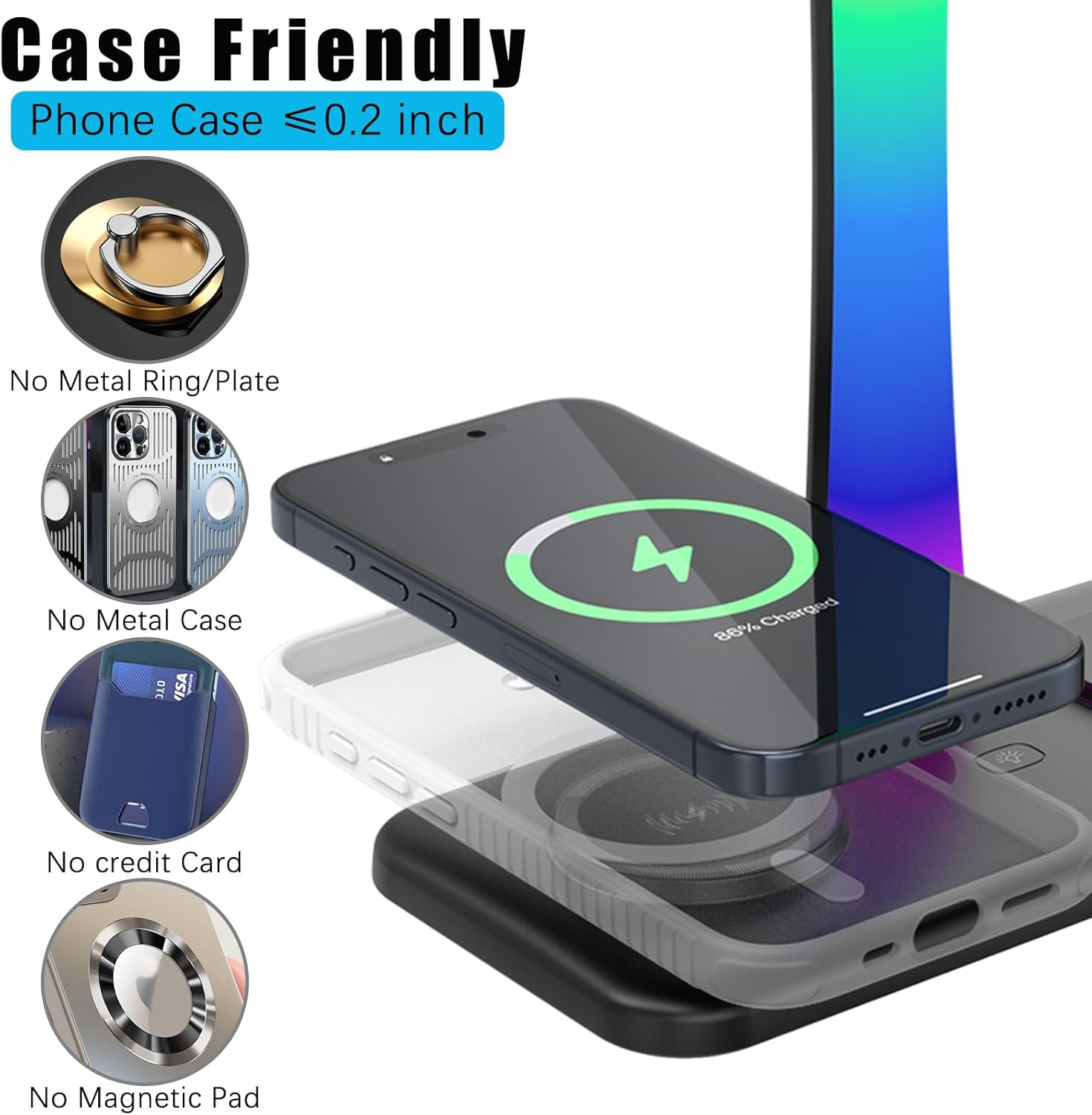 Headphone Stand with Wireless Charger,Gaming Headset Stand with RGB Light Mode,Airpod Max Stand Compatible with Airpod Pro/3/2,Iphone 16/15/14/13/12/11,Samsung,Gifts for Gamers & Music Lover (Black) - Black image number 2