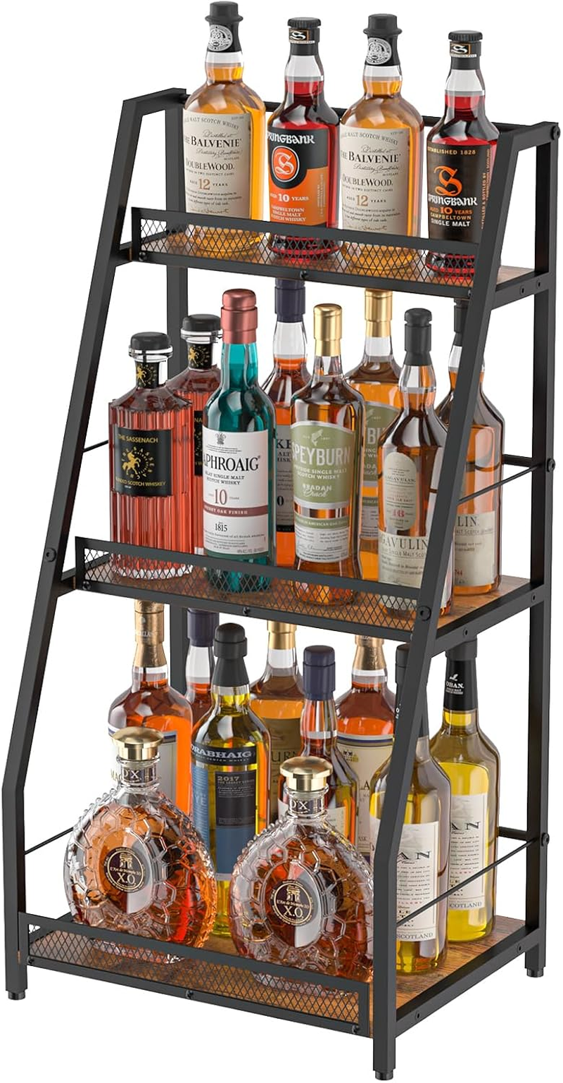 3-Tier Trapezoid Liquor Stand for Home Bar, Stepped Wine Rack Freestanding Floor for Liquor Whiskey Wine, Versatile Corner Wine Bottle Display Stand with Fences, Vintage Brown（Patent Pending）