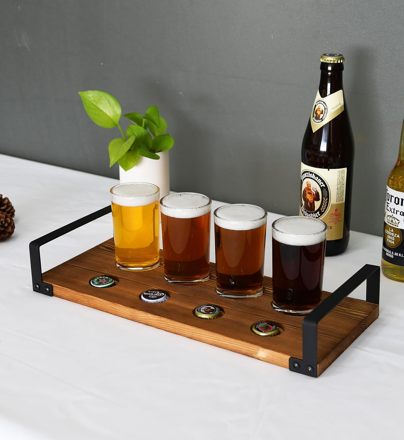 Owlgift Wood Craft Beer Flight W/Bottle Cap Storage Sampler Tray Holder Serving Set W/ 4 Glasses & Black Metal Handles &ndash; Dark Brown, Set of 2 image number 1