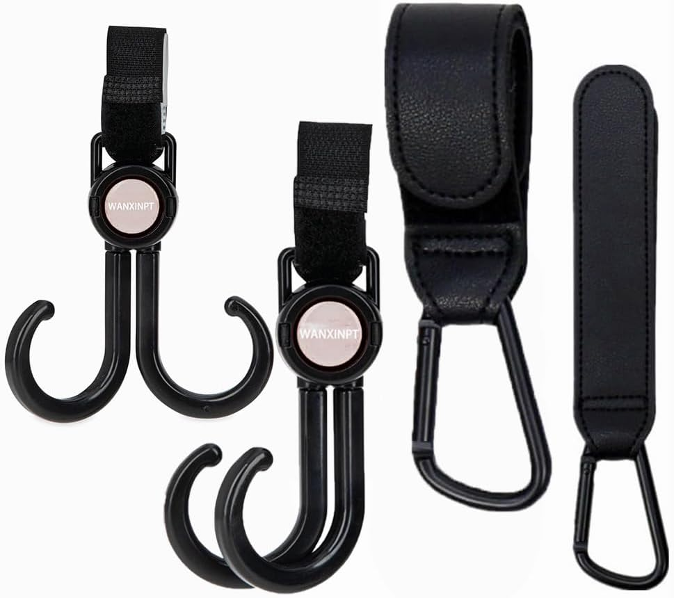 WANXINPT 4-Pack Heavy Duty Pram Hooks - 360&deg; Rotating Stroller Bag Clips for Diaper Bags, Shopping & Travel | Universal Baby Pram Accessories (Black) image number 4