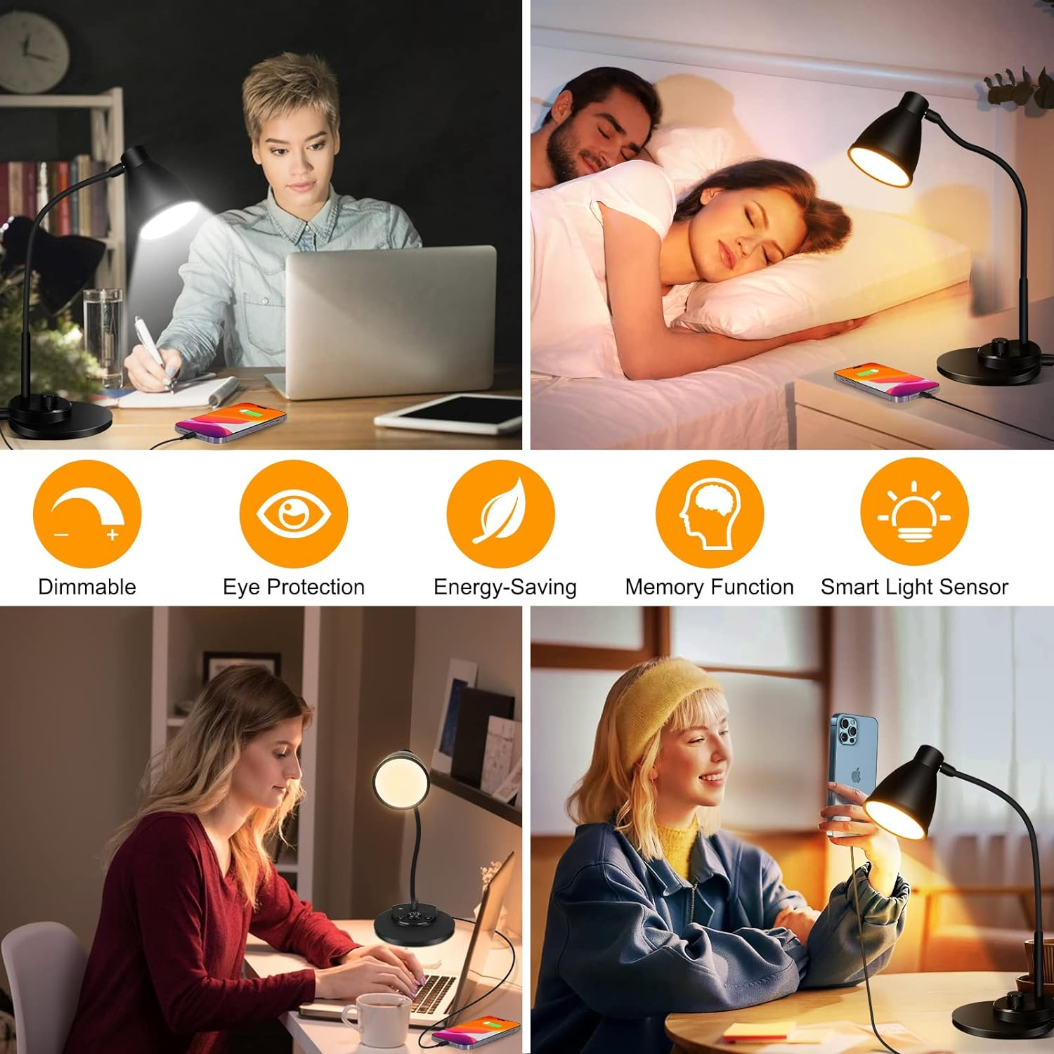 Eocean LED Desk Lamp, Dimmable beside Table Lamp with USB Charging Port, Rotary Switch Study Lamp with Intelligent Induction Auto, Flexible Gooseneck Reading Light for Home Office, 3 Color Modes image number 4