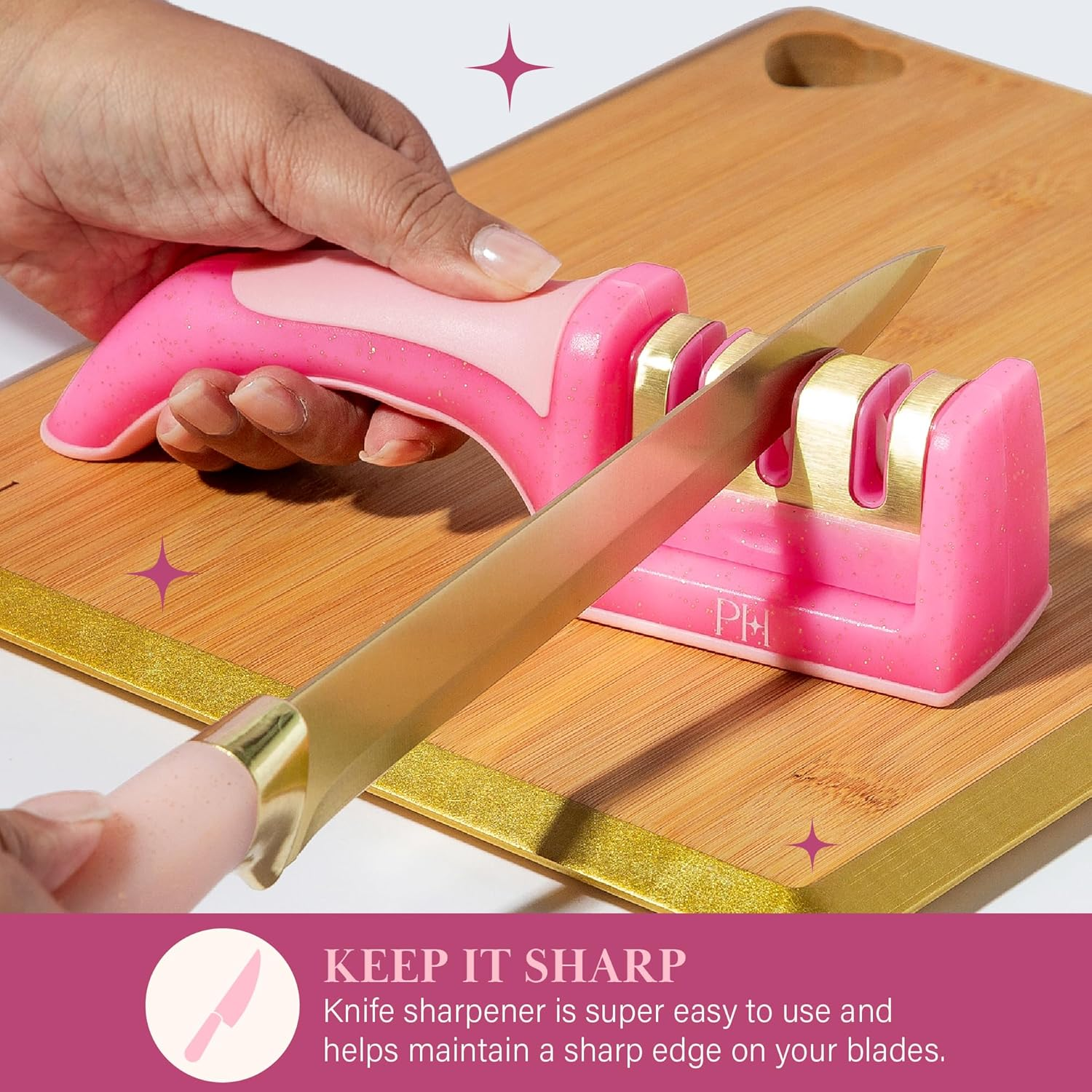 Paris Hilton 3-Stage Knife Sharpener, Professional Kitchen Knife Sharpener with Ergonomic Handle, Non-Slip Base, and Coarse, Medium, Fine Sharpening Stages, Pink image number 3