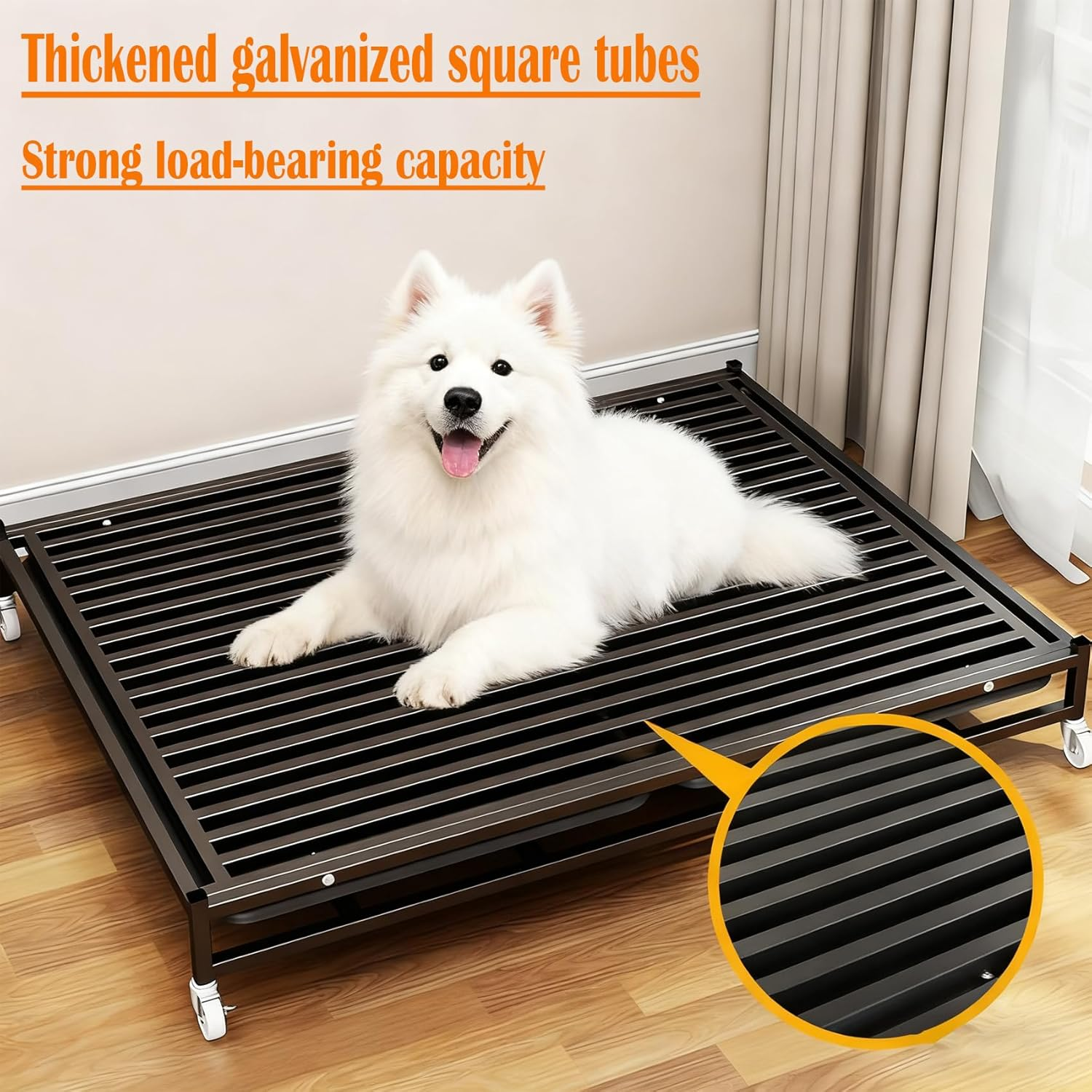 Dog Crate with Removable Tray, Large Dog Cage with Wheels, Double Door Kennel Black 110 * 75 * 95Cm image number 6