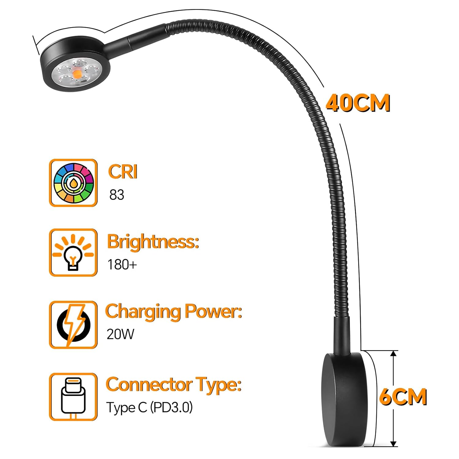 Obeaming 12V Reading Light RV Boat Flexible Spotlight, Built-In Dimmer Switch, Type C Charger, Red Night Light, 3200K DC12-24V Wall Light for Camper Van Caravan Yacht(Black) image number 2