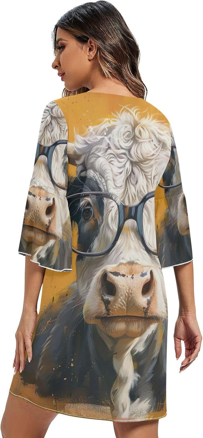 Highland Cow Yellow Chiffon V Neck Dress Printed Line Maternity Dress S-XXL image number 4