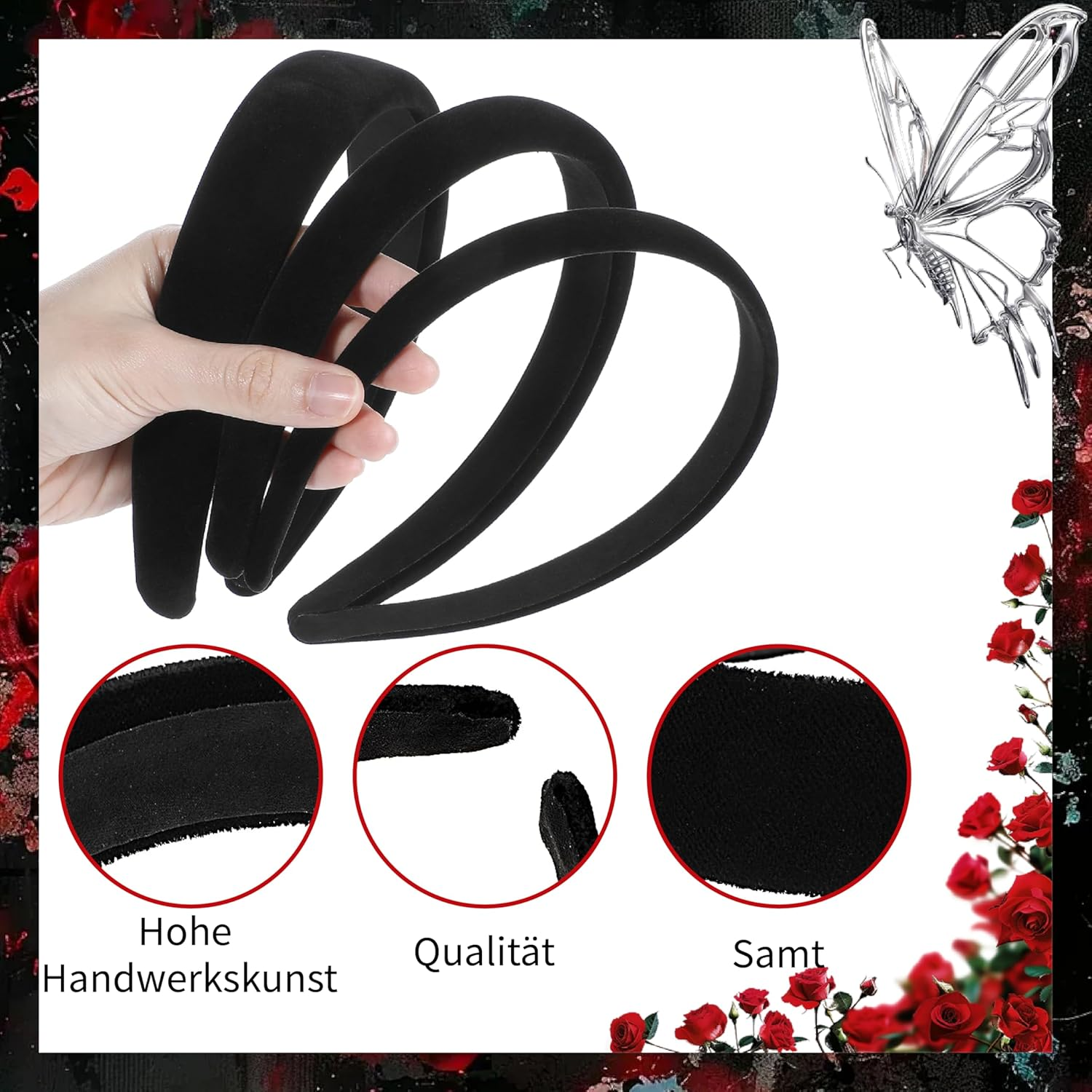 Esshogo Pack of 3 Velvet Headbands, Black, Satin Headbands, Padded Headbands, Padded Velvet Headband, Non-Slip Fashionable Hair Bands, Vintage Hair Accessories, Simple Headband for Girls image number 6