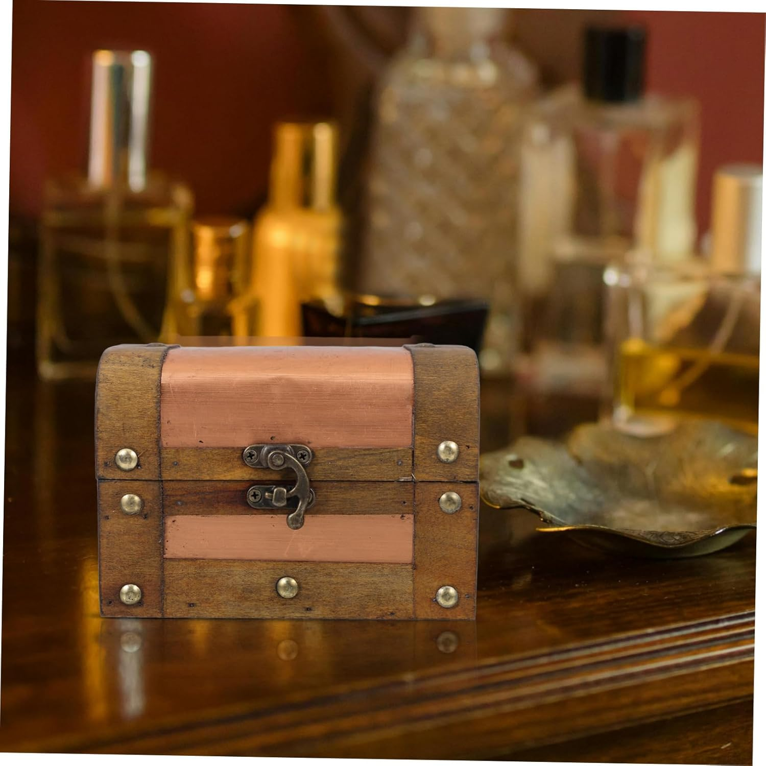 Alipis Wooden Storage Box Vintage Treasure Chest Lock Decorative Jewelry Storage Box Trinket Sundries Case Keepsake Container for Jewelry Small Items Desk image number 6