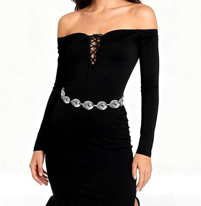 KEEPALOVE Western Metal Concho Belt, Gold Daisy Chain Belt, Adjustable Boho Waist Chain Country Concert Outfit for Dress Waist Chain, Metal Cowgirl Waists Chain Vintage - Gold image number 5