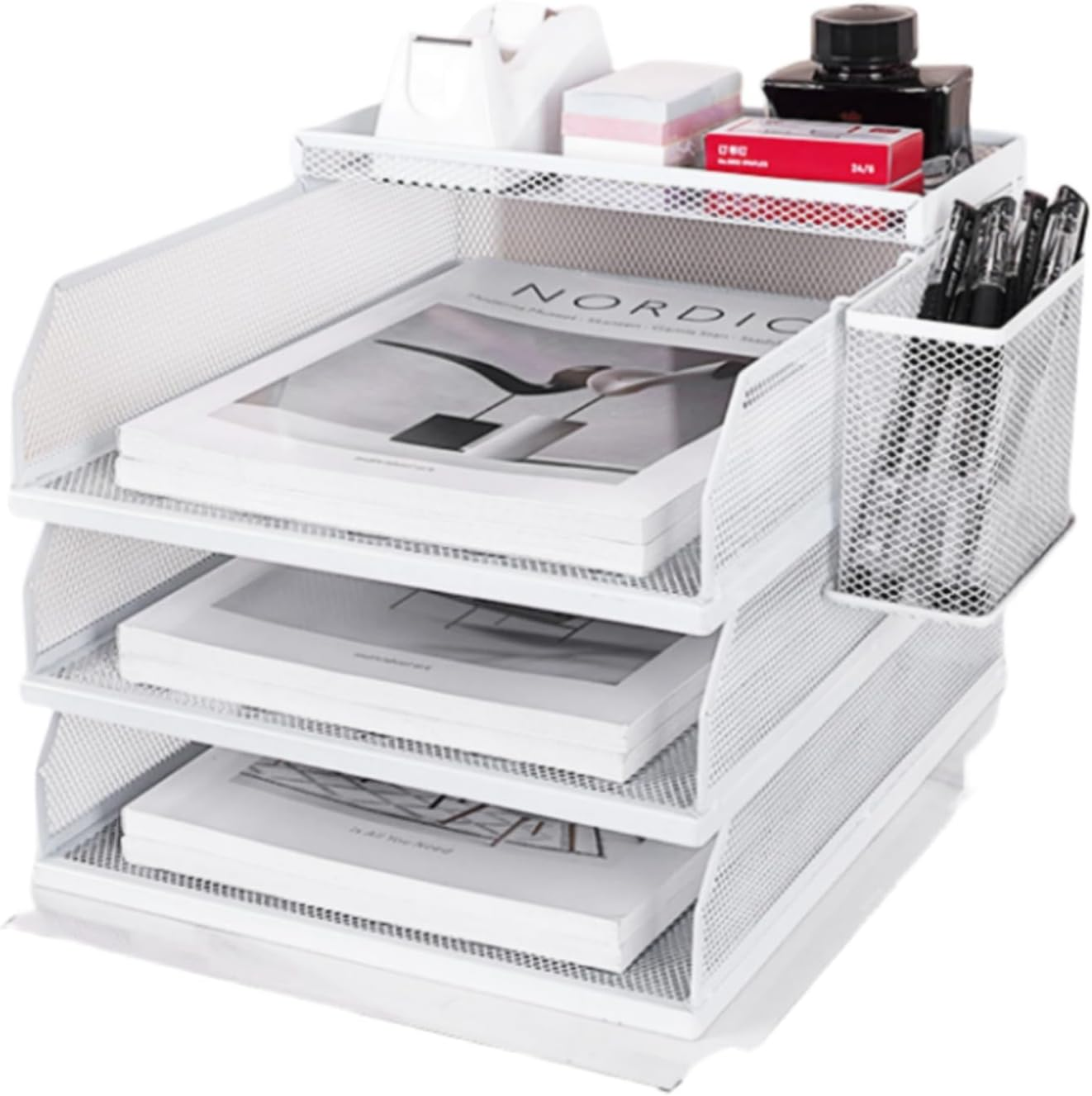 Desk File Organiser, 3 Tier Drawable Storage Rack with Top Box Letter Tray Paper Organiser with Pen Holder and Metal Hanging Basket, Simple and Stylish Office Supplies, White (Horizontal)