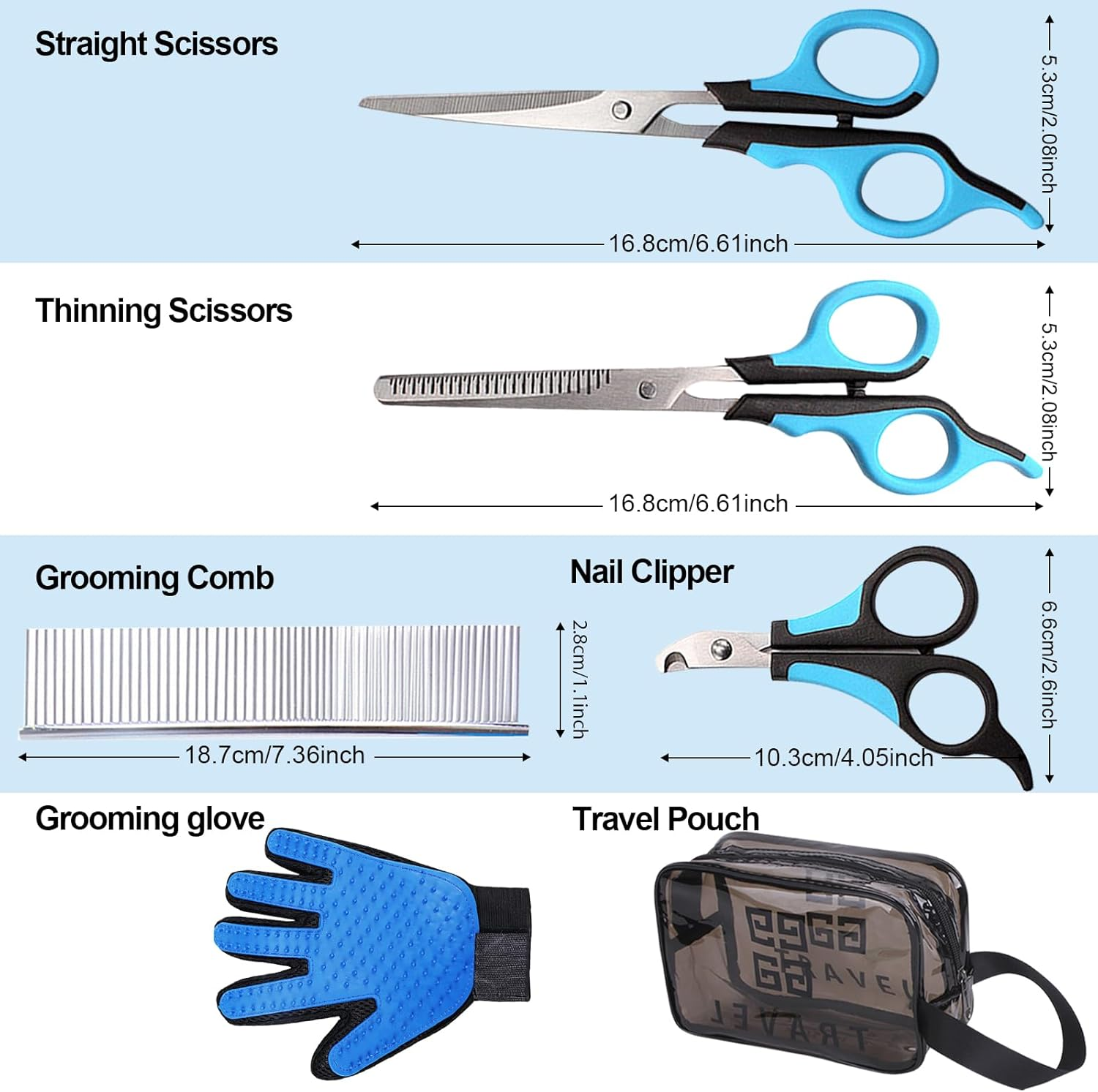 Proxima Direct 6 in 1 Dog Grooming Scissors Kit with Straight & Thinning Scissors, Nail Clipper, Grooming Comb, Grooming Glove, Travel Pouch Organizer, Haircut Nail-Care Set for Pets Dogs and Cats image number 2