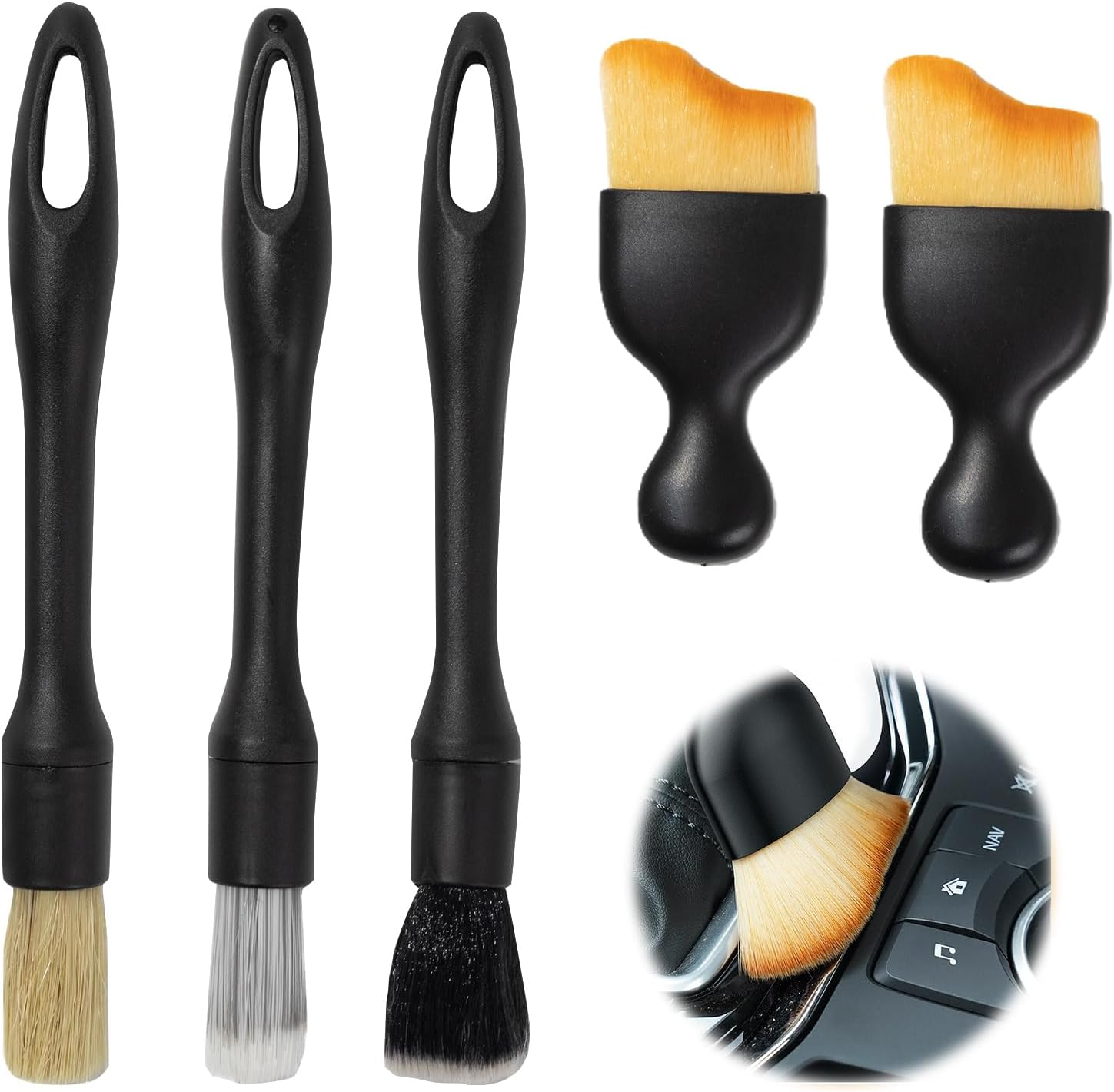 5-Piece Car Detailing Brush Set, 3 Soft Premium Detail Brushes and 2 Interior Cleaning Lint Brushes for Car Interior & Exterior Cleaning Kit (Black)