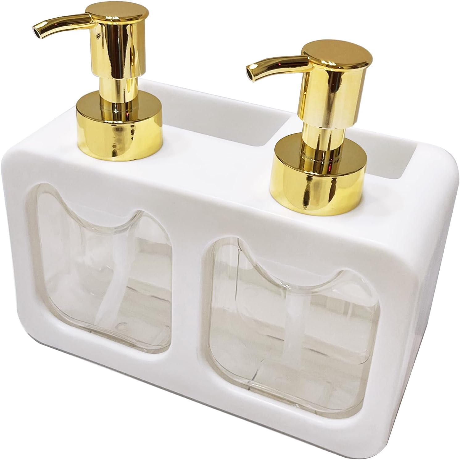 Dual Soap Dispenser,Liquid Hand and Dish Soap Dispenser and Spong Caddy with Brush Holder Countertop Organizer for Kitchen (White)