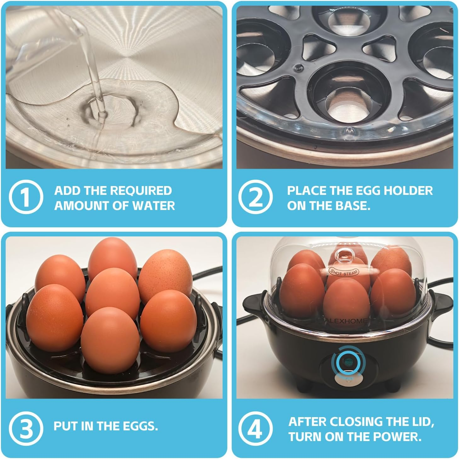 ALEX HOME Rapid Egg Cooker, 7 Capacity, Soft Medium Hard Boiled Eggs, Poacher & Omelet Maker, Auto Shut-Off & Buzzer, Easy Clean &ndash; Black image number 4