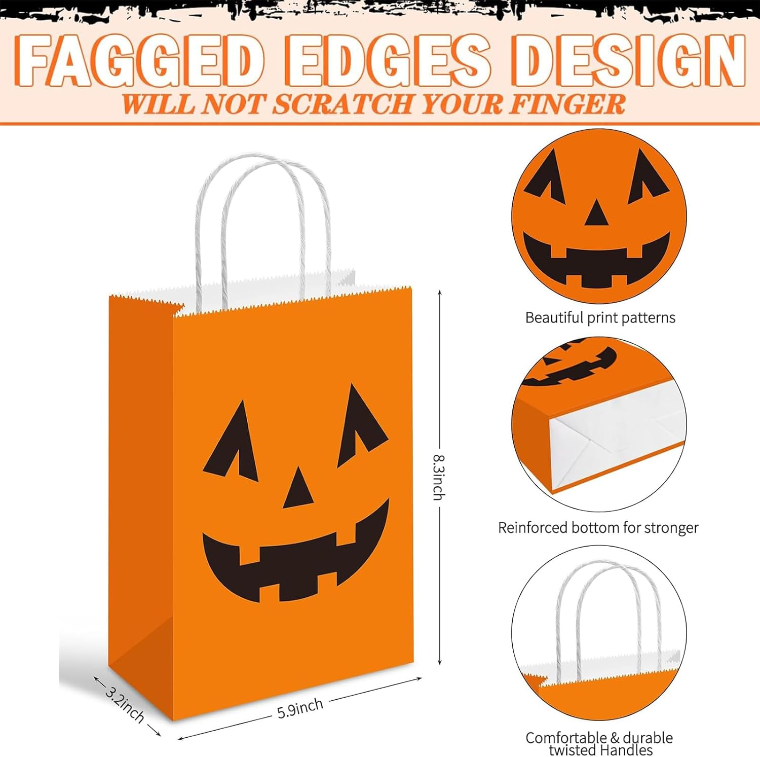 SYTHAK Halloween Kraft Paper Bags with Handles,24Pcs Jack O' Lantern Pumpkin Gift Bags Treat Candy Goodie Bags for Halloween Trick or Treat Party Supplies image number 1