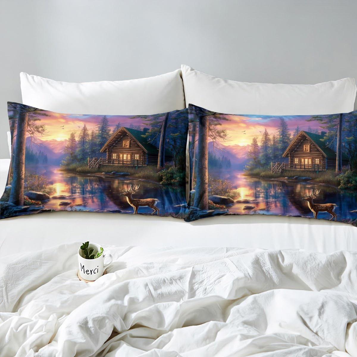 Hunting House Bedding Set S Size, Wild Deer Animal Hunting Cabin Decor Comforter Cover Set for Children Girls, Rustic Farmhouse Lake Pine Natural Landscape Quilt Cover Bedroom Decor, 2 Pieces image number 1