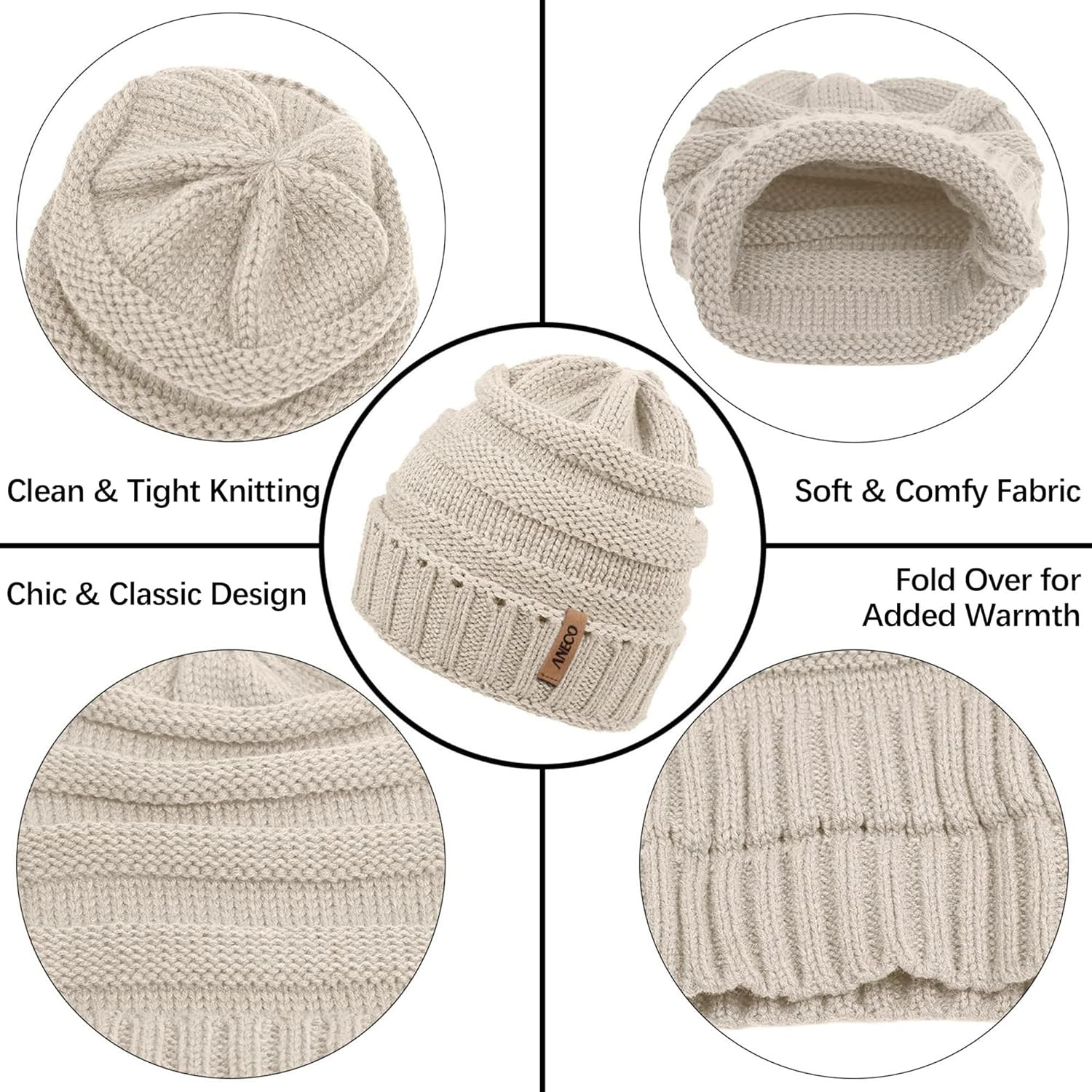 Aneco Winter Warm Sets Knitted Scarf Beanie Hat Touch Screen Gloves and Winter Ear Warmer for Men or Women - Beige image number 4