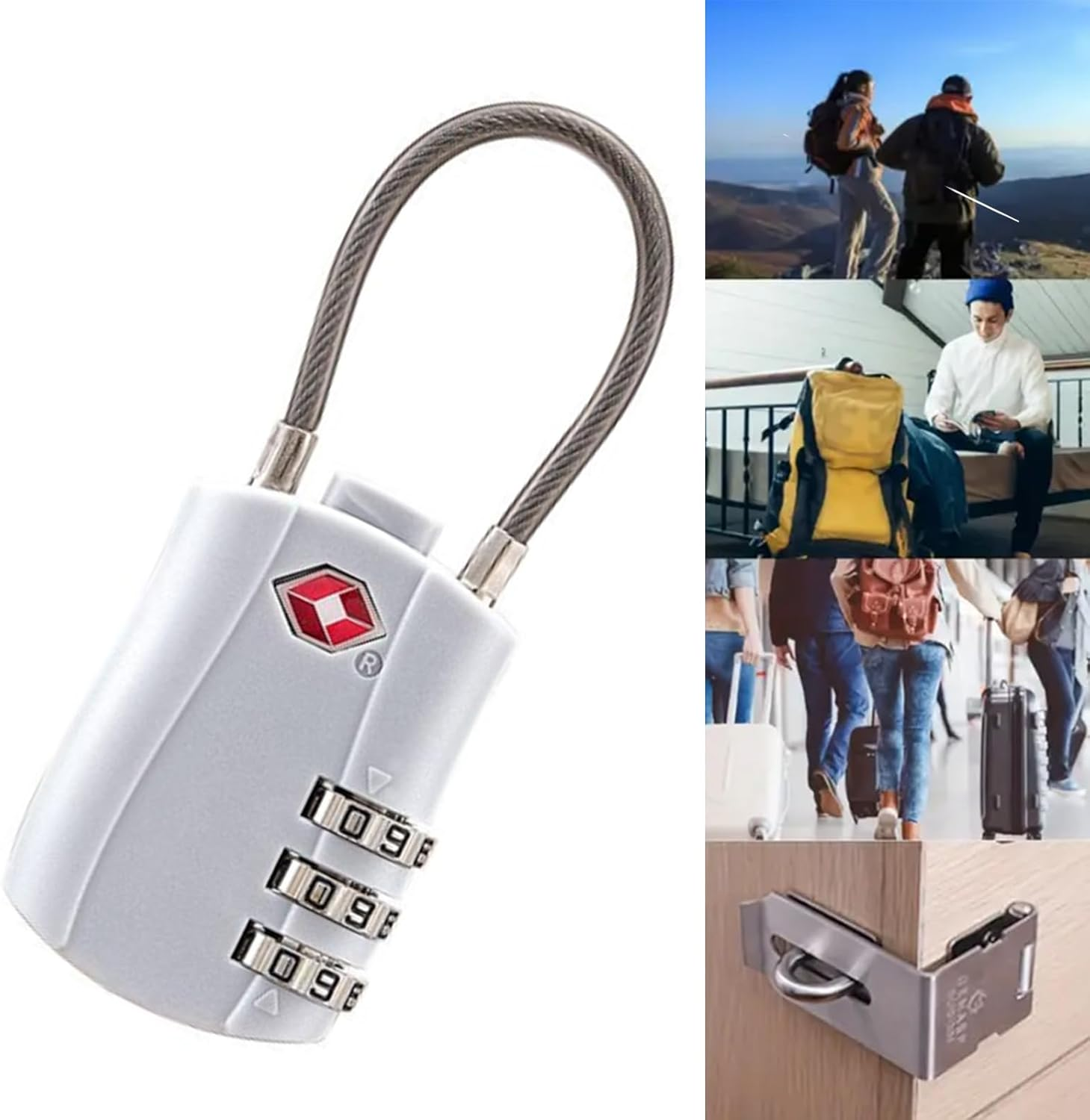 4 Pack TSA Approved Luggage Locks, Combination Travel Cable Lock, 3-Digit Waterproof Padlock with Alloy Body, Keyless Resettable Suitcase Locks for Travel, Lockers, Bags, Backpack, Gym (White - Black image number 7