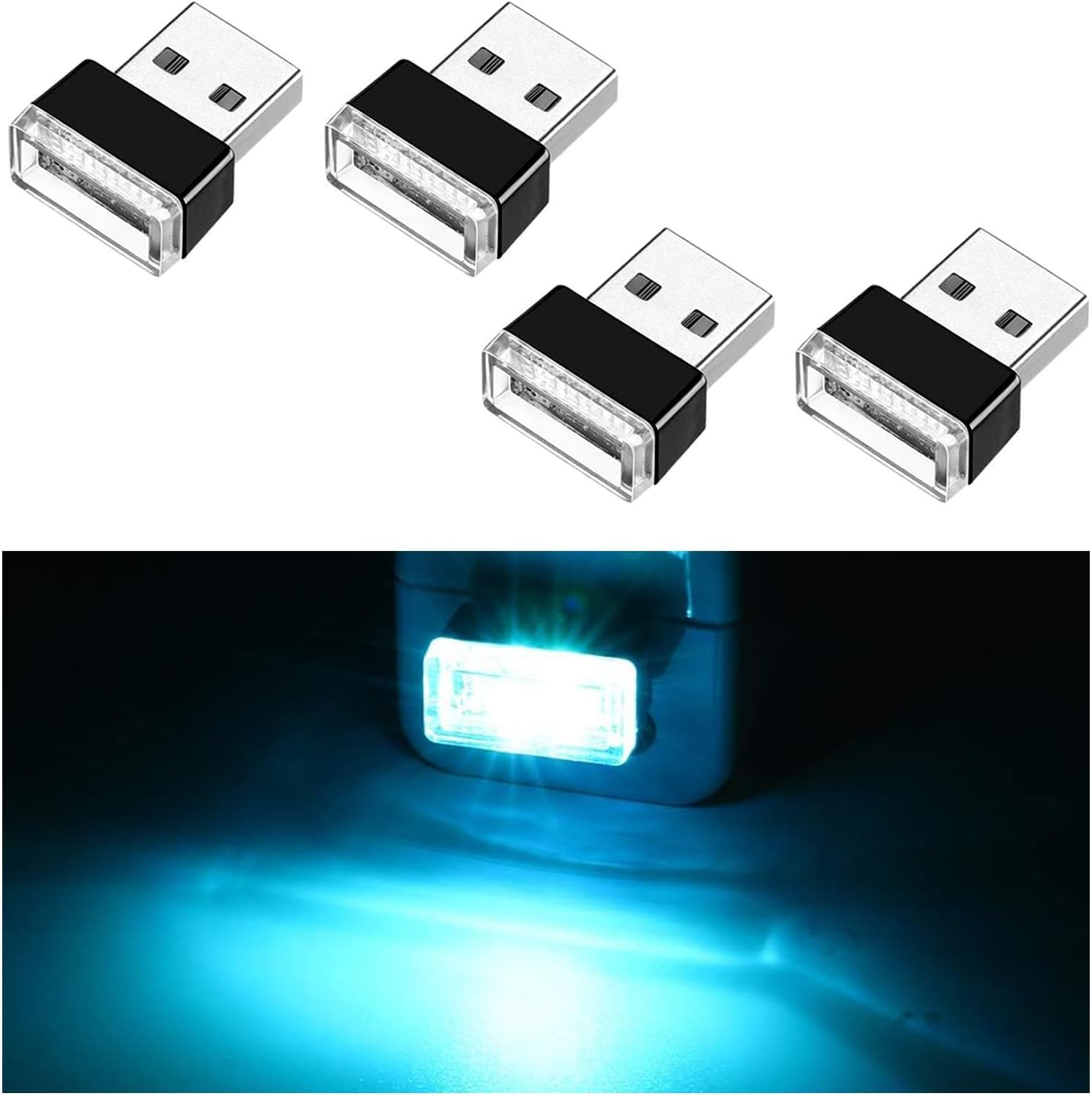 4 PCS USB LED Car Interior Atmosphere Lamp, Portable Mini LED Night Light, Plug-In USB Interface Trunk Ambient Lighting Kit, Universal Car Interior Accessories (Blue+Ice Blue)