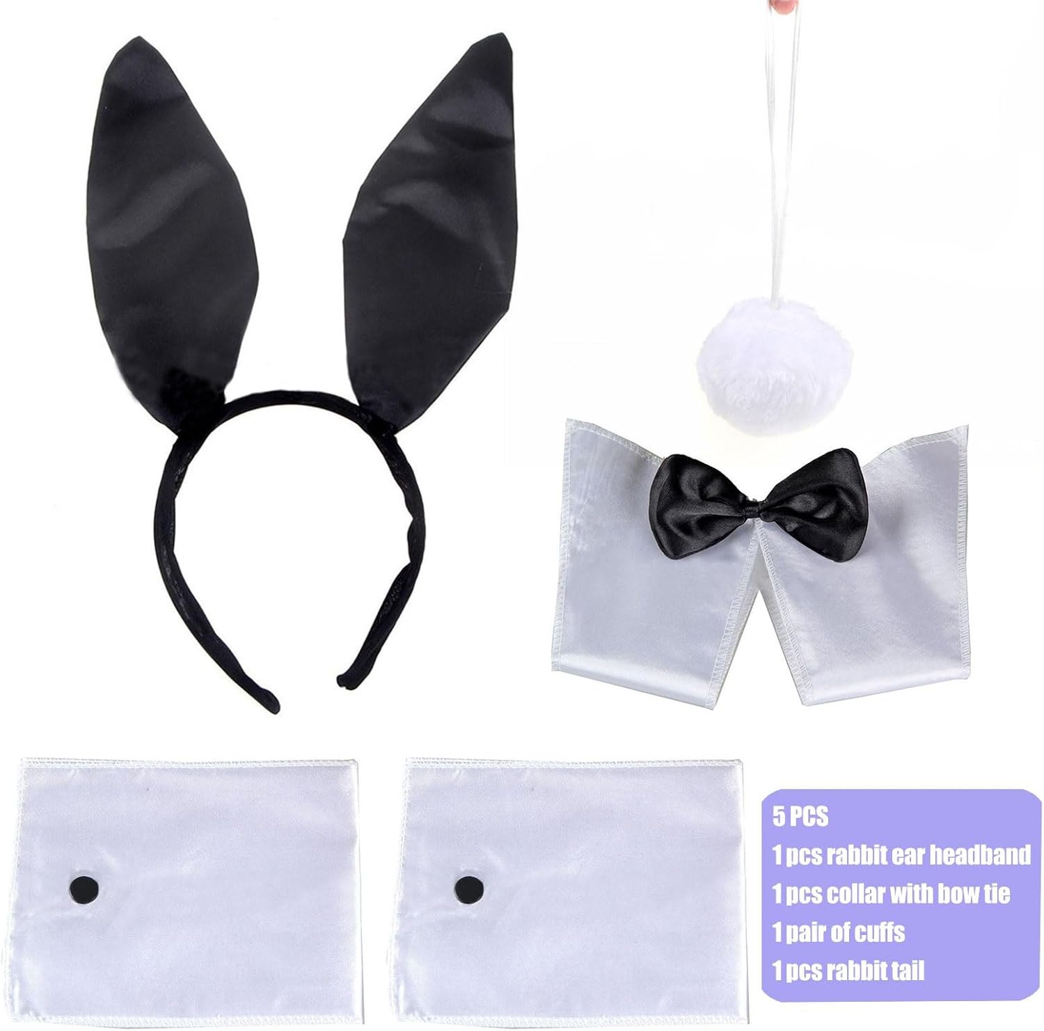 5-Piece Women'S Bunny Accessory Set, Bunny Costume, Bunny Ears, Headband, Rabbit Cosplay Set, Rabbit Ears and Tail Set, Easter Rabbit Ears, Headband, Rabbit Ears, Headband, Bow Tie Tail image number 1