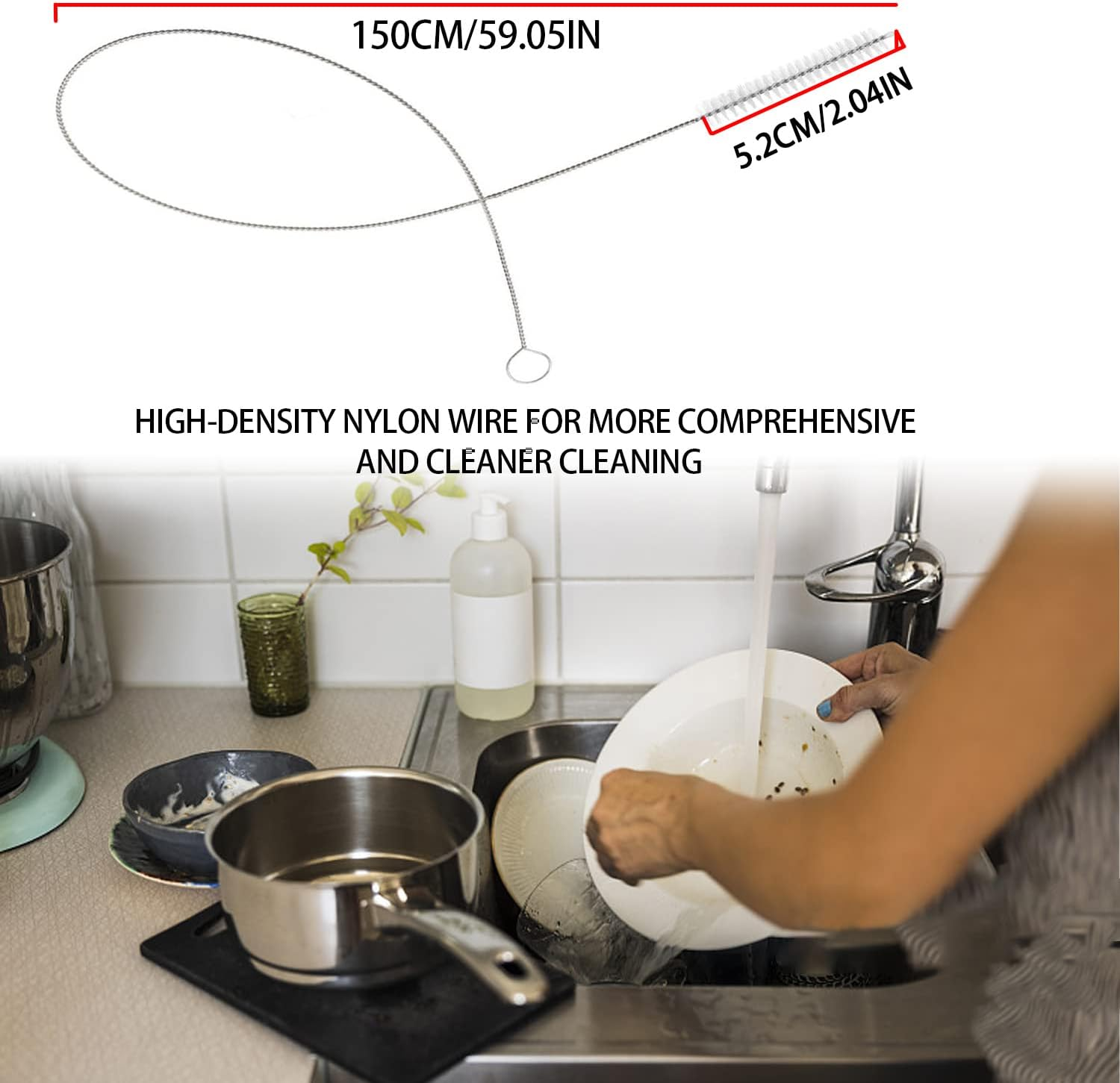 EKIND Extra Long Duct Cleaner, 59" Flexible Nylon Drainage Stainless Steel Long Brush for Cleaning Feedibing Tubes and Racking Lines image number 5