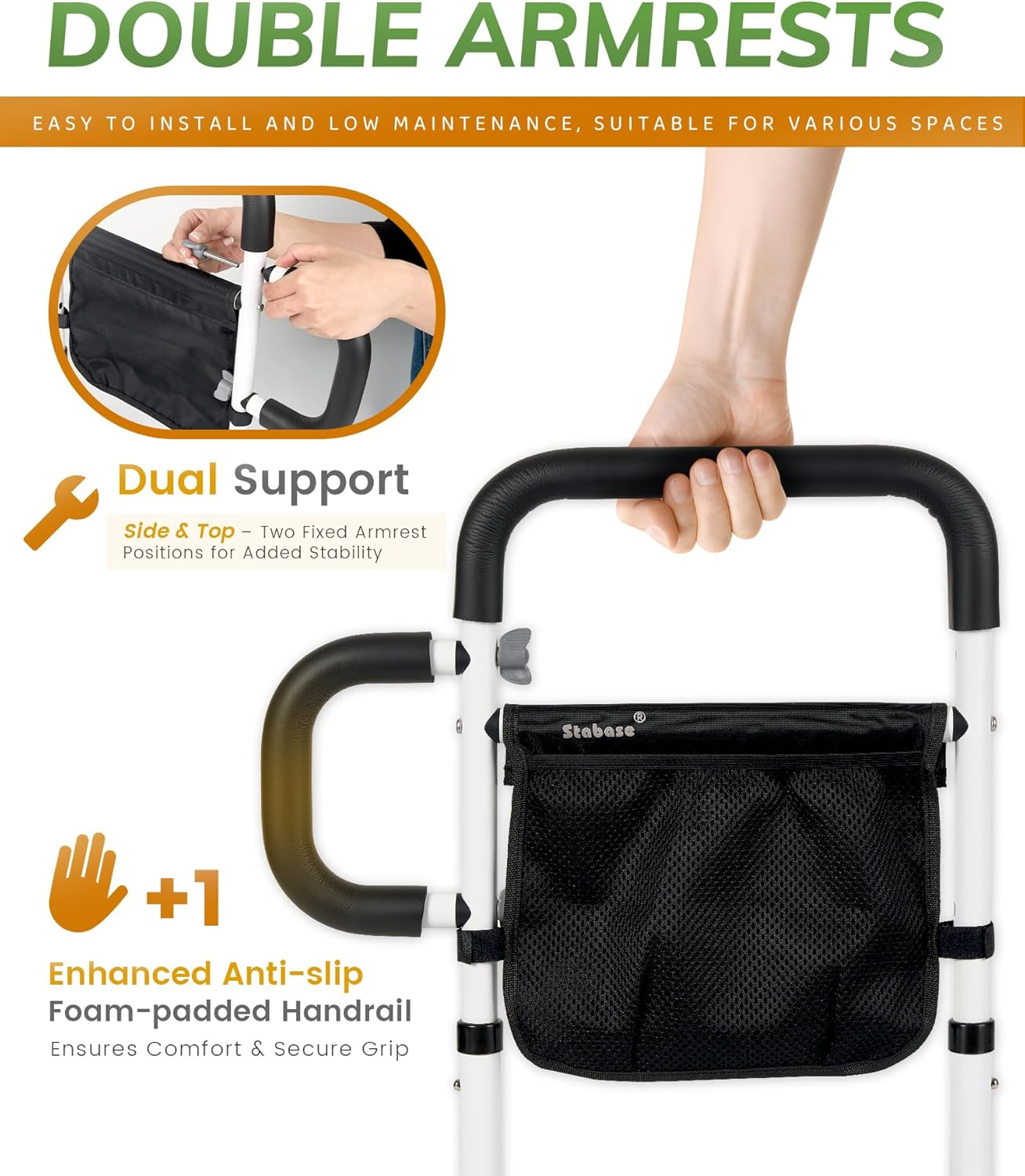 Bed Rails for Elderly Adults Safety - Adjustable Bed Cane with Non-Slip Ergonomic Handle and Storage Pocket, Stable Bed Assist Rails for Seniors Hold up to 150Kg, Fits All Bed Sizes image number 1