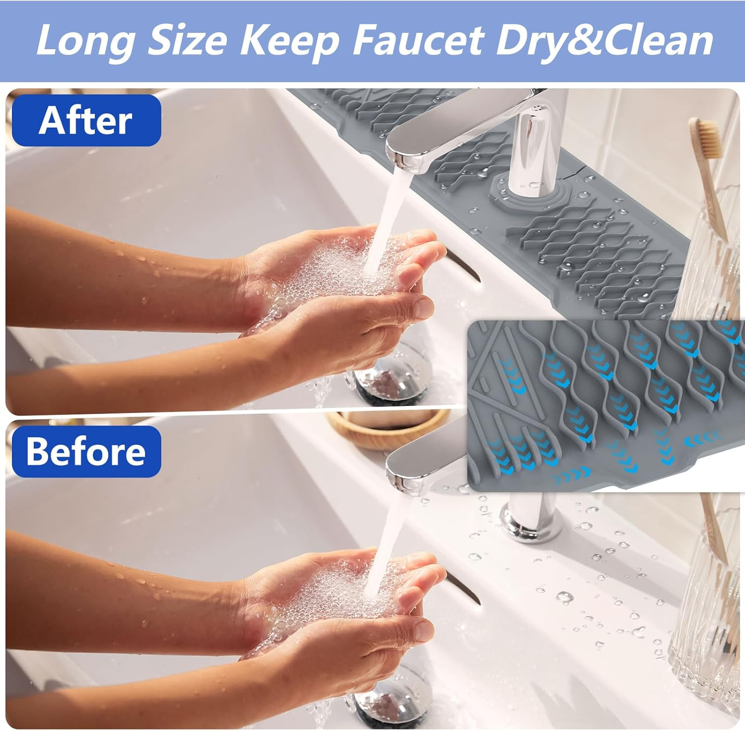 61CM Long Sink Splash Guard Mat, Faucet Handle Drip Catcher Tray, Countertop Dish Drying Mats Kitchen Sink Gray image number 5