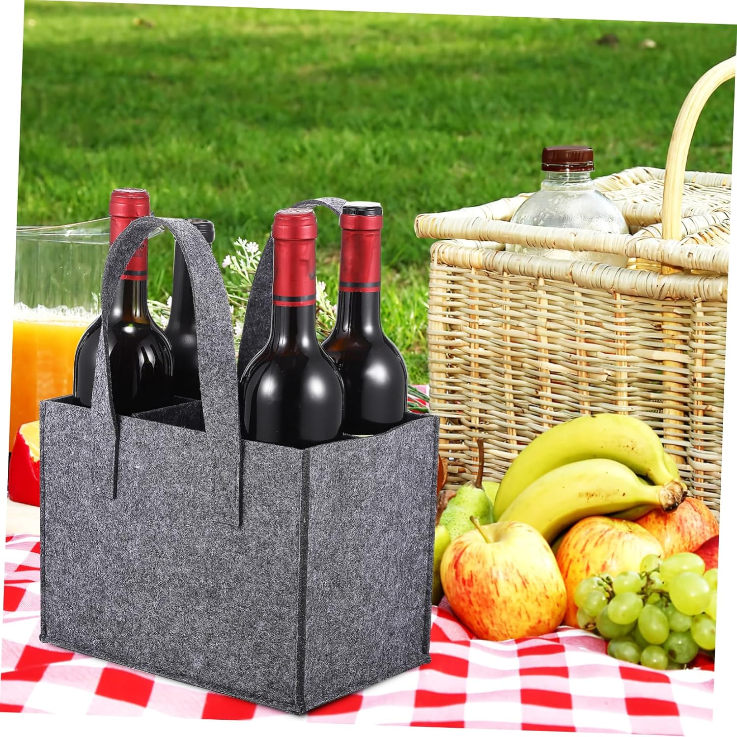 Gogogmee Bottle Tote Bag for 6 Bottles 4Pcs Thick Felt Wine Carrier with Divider Handbag Portable Wine Storage Bag for Travel Camping Picnic image number 4
