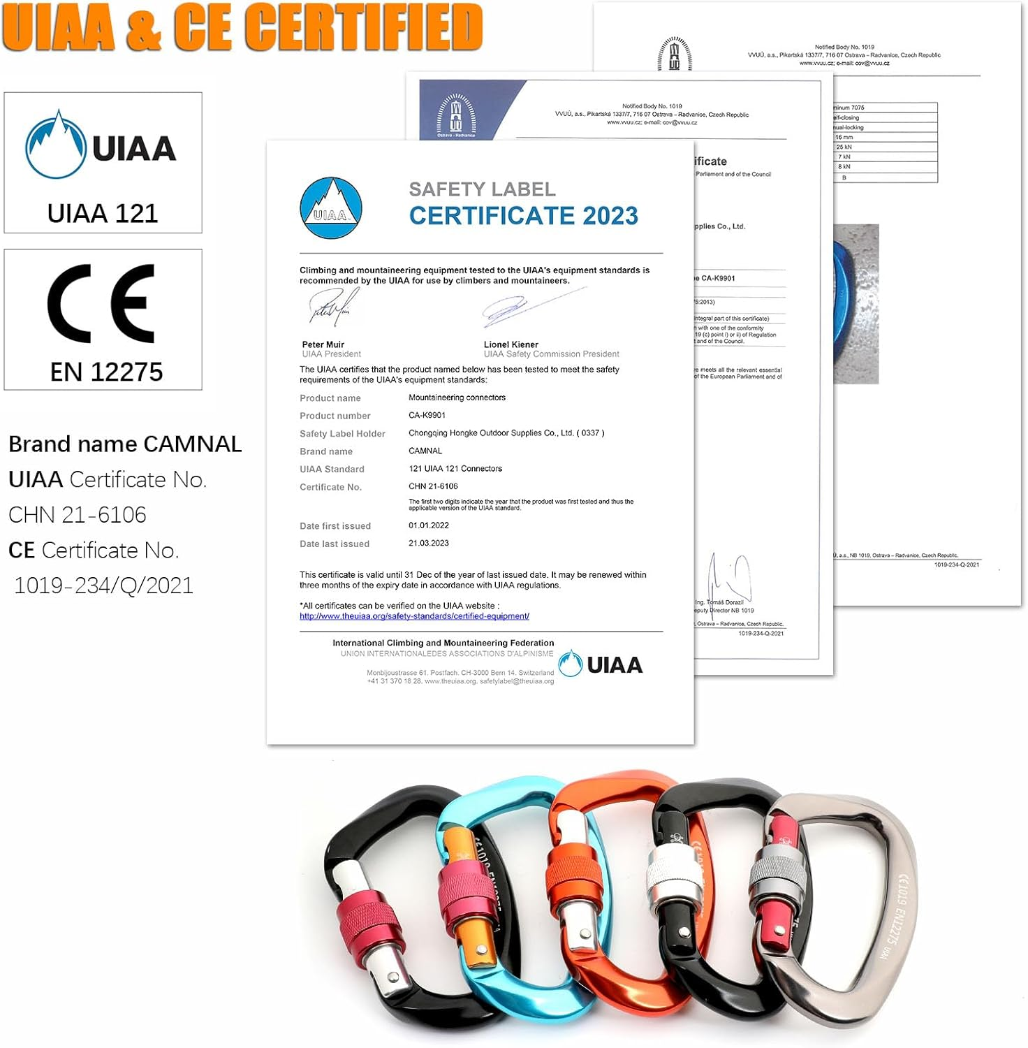 CAMNAL UIAA & CE Certified Heavy Duty Locking Carabiner 25KN (5620 Lbs) Screw Lock D Shape Carabiner Clip for Rock Climbing, Mountaineering, Aerial Work image number 2