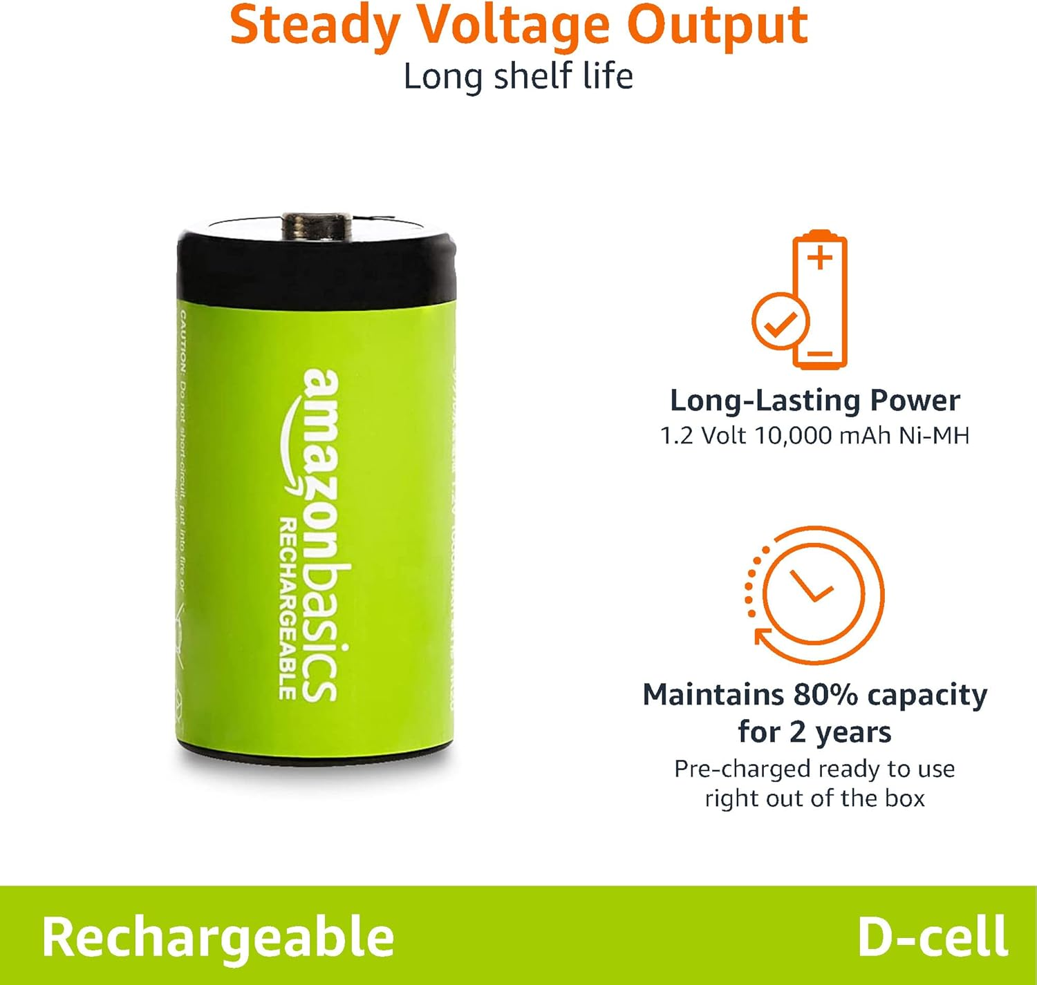 Amazon Basics 4-Pack Rechargeable D Cell Nimh Batteries, 10000 Mah, Recharge up to 1000X Times, Pre-Charged image number 4