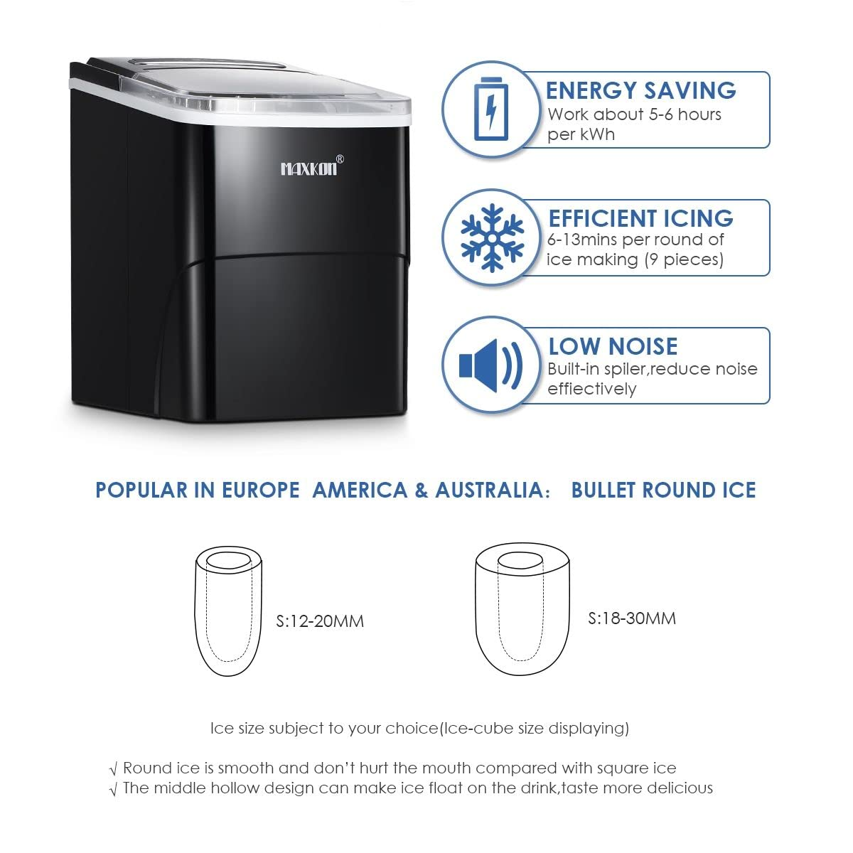 Maxkon Portable Ice Maker Countertop - 9 Cubes in 6 Mins, 12Kgs in 24Hrs, Self-Cleaning Machine with Scoop and Basket, 2 Sizes of Bullet Ice for Home, Kitchen, Office, Bar, Party image number 3