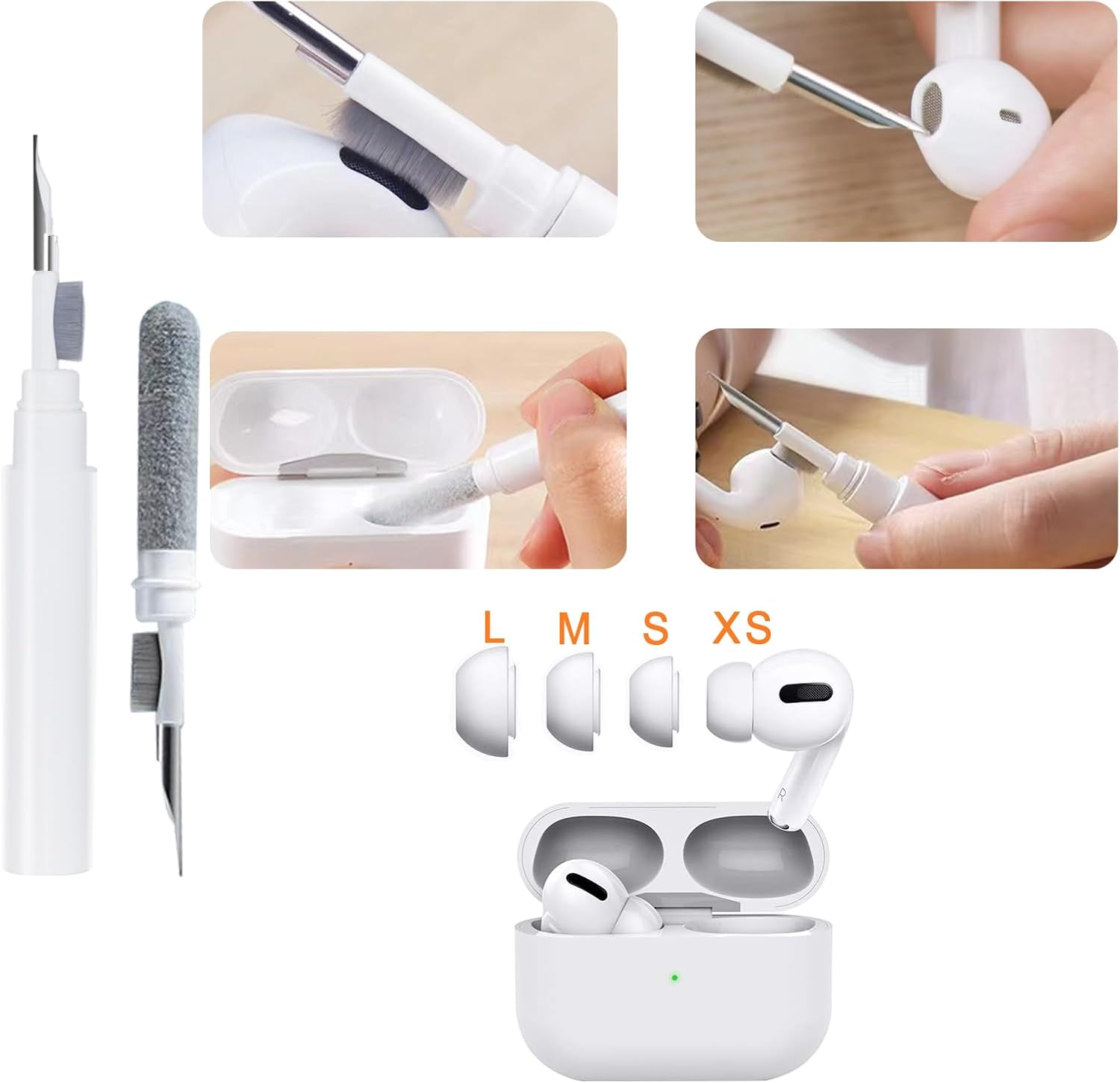 4 Pair Replacement Ear Tips for Airpods Pro & 2Nd Generation with Noise Reduction Hole, with Cleaner Pen Kit for Airpods Pro/Pro 2Nd, Built-In Dust Guard Screen, 4 Sizes (Xs/S/M/L)-White