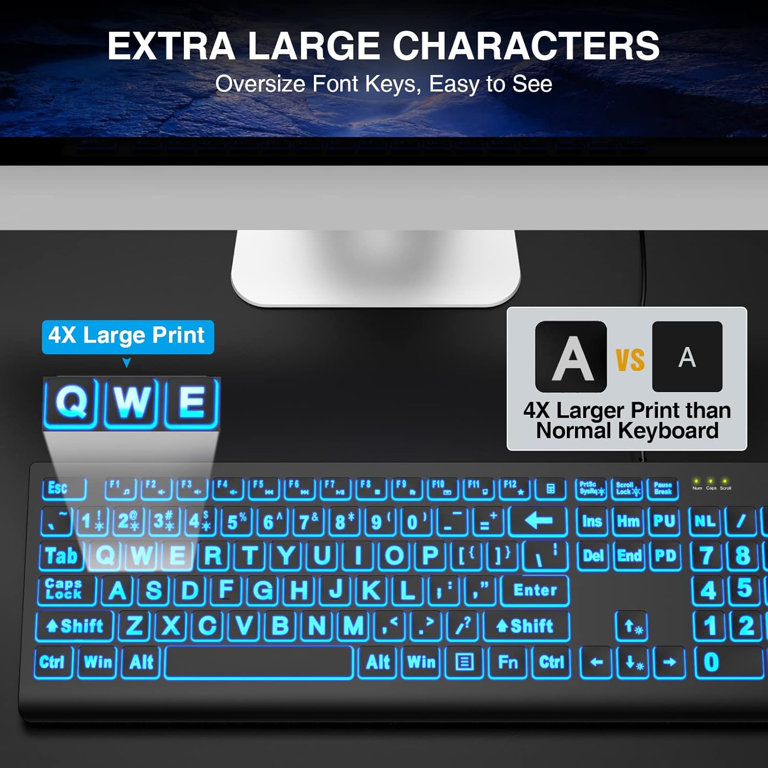 SABLUTE Large Print Backlit Keyboard, Wired USB Lighted Computer Keyboards with 7-Color & 4 Modes Backlit, Oversize Letters Keys Easy to See and Type, Keyboard Compatible for PC, Laptop