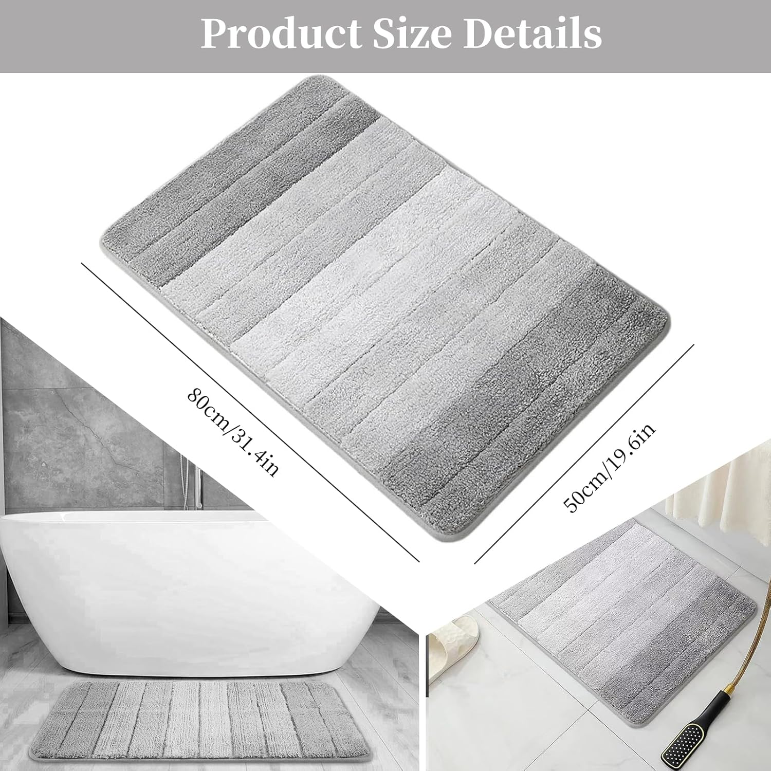 Bathroom Rug Mat, 50X80Cm Extra Soft Absorbent Shaggy Shower Rug, Luxury Microfiber Bath Rug, Non-Slip Plush Floor Mat, Machine Washable Bath Carpe for Bathtub Shower Bathroom Bedroom (Gradient Blue) - Gradient Grey image number 2
