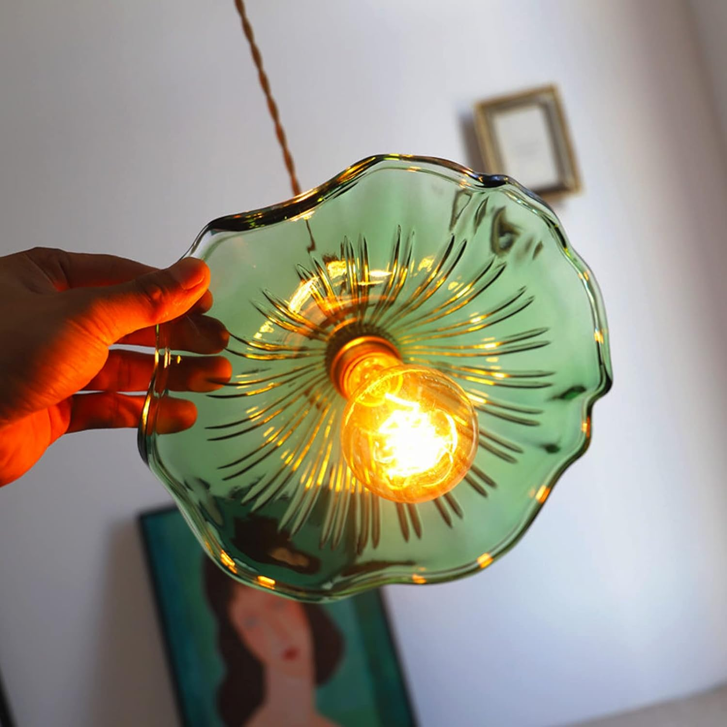 Green Modern Pendant Light Glass Pendant Lamp Shade E27 Pendant Ceiling Lights Bulb Industrial Ceiling Light Pendant Lights for Dining Table Dining Room Living Room Cafe (Green) - Transparent image number 2