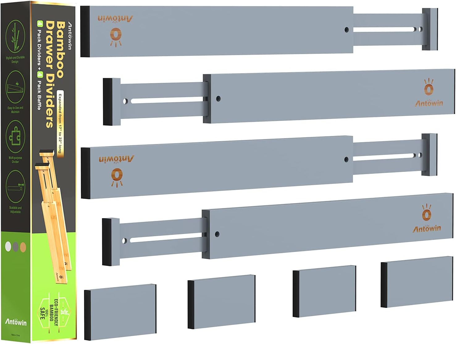 ANTOWIN Bamboo Drawer Dividers, Expandable Drawer Separators Splitter(43-56Cm), Adjustable Spring-Loaded Organizer for Large Utensil, Clothes, Tools Drawers(White)