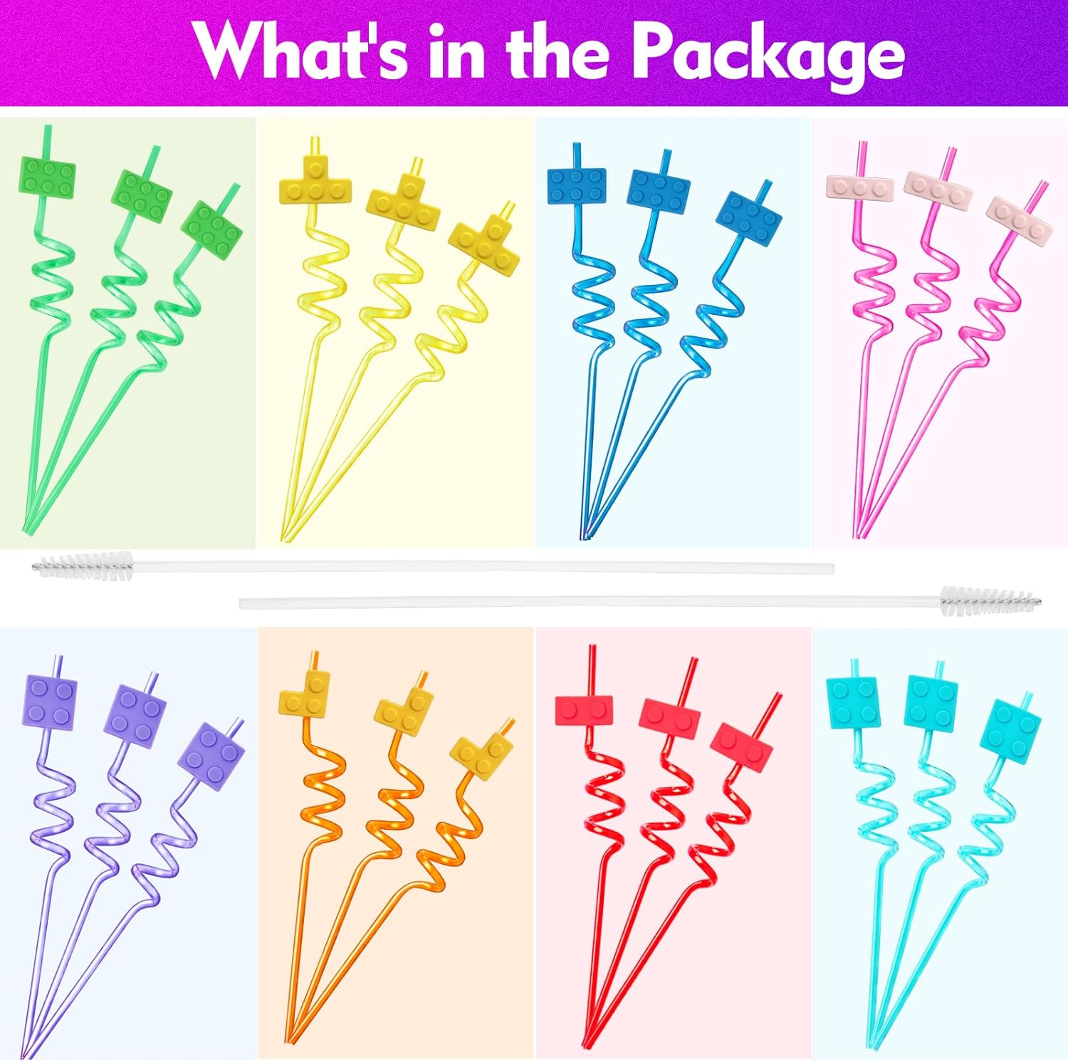 24 Pcs Building Blocks Party Favors Drinking Straws, 8 Colors Reusable Straws for Kids Adults Birthday Party Decoration Supplies with 2 Pcs Straws Cleaning Brush image number 4