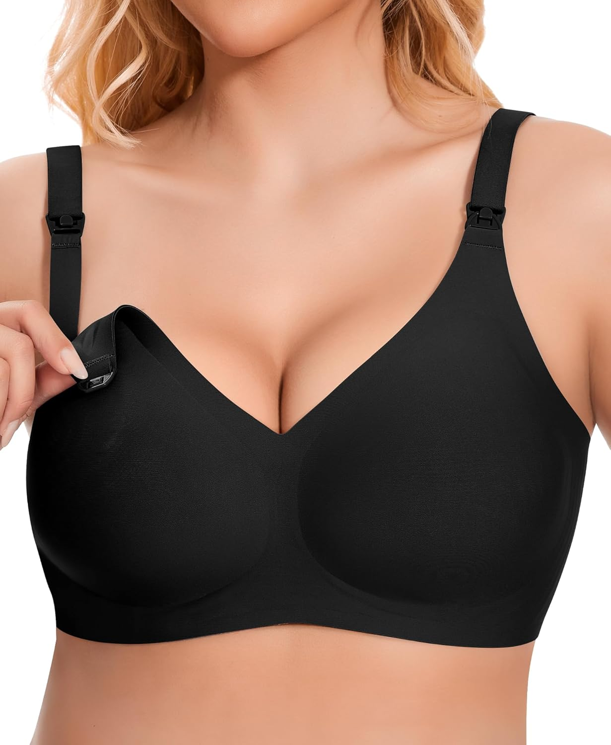 Qoonoo Nursing Bra without Underwire Pregnancy Bra Women'S Breastfeeding Bra Large Breasts Cotton Sleep Nursing Bra, Black, XXL image number 1