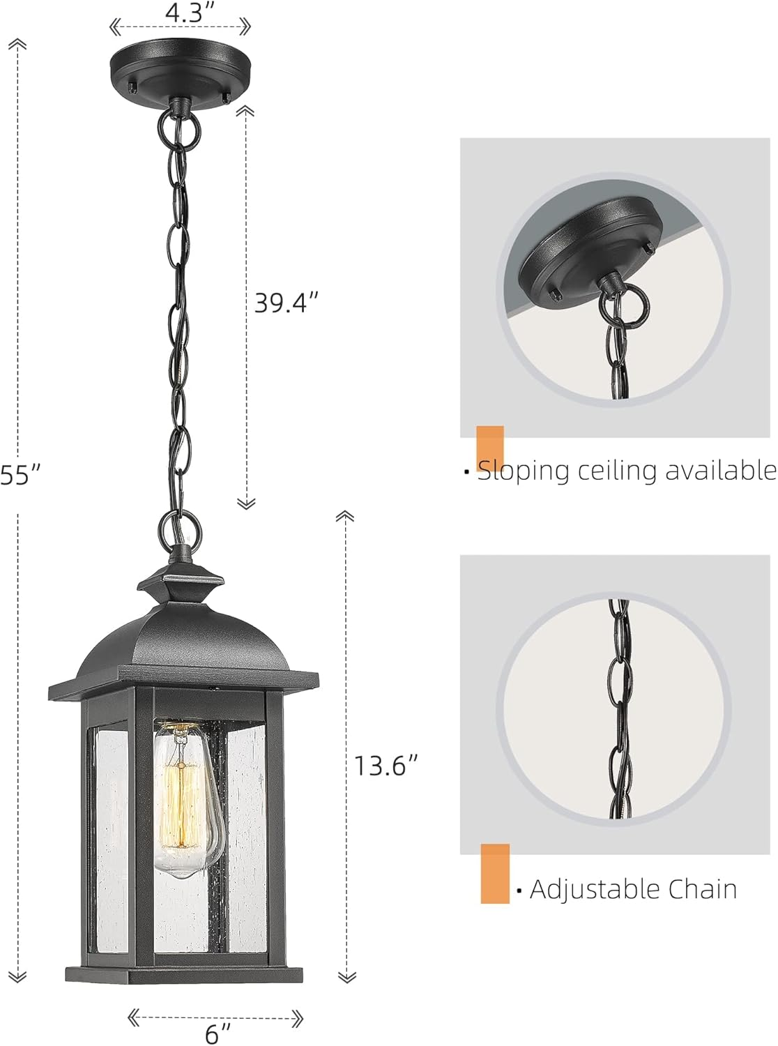 EMLIVIAR Outdoor Pendant Lights for Porch, Exterior Hanging Latern Outdoor Hanging Light Fixture, Black Finish with Seeded Glass, AUD03H BK image number 2
