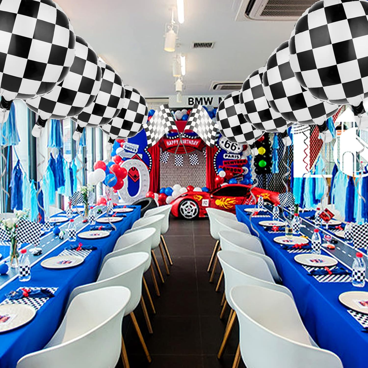 Prasacco 10Pcs Racing Car Balloon Checkerboard Balloon with Ribbon and Straw Black White Checkered Helium Balloon Latex Balloons for Boy Adult 18Inch image number 4
