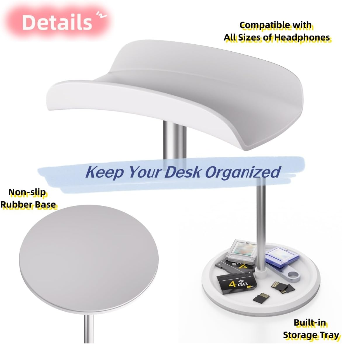 NQQNQQ Headphone Stand【1Pack】 Headphone Holder with Storage Tray Compatible for Airpods Max, Airpods, Airpods Pro, Beats, Bose and Most Gaming Headphones. 【No Tools Required】 YO-2 (White)