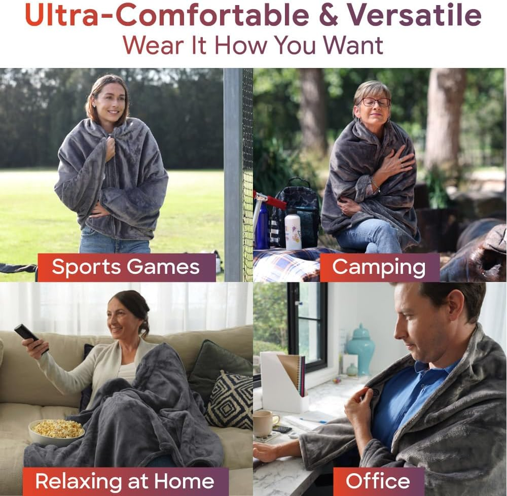 Sash & Bloom Heated Shawl - Charcoal &ndash; Super-Soft and Stylish Portable 2-In-1 Heated Blanket and Shawl, 3 Settings, Heats up to 55 Degrees, Auto-Off, for Sport Games, Camping, Hiking, Office, Home image number 4