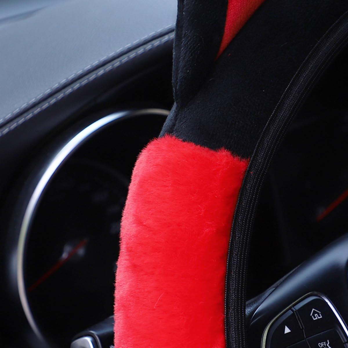 Car Steering Wheel Cover, Fluffy Soft Plush for Winter Warm, Cute Steering Wheel Protector with Kitty Cat Ears, Universal 15 Inch, Elastic & Anti-Slip, Lovely Decor Car Accessories (Black/Red) image number 2