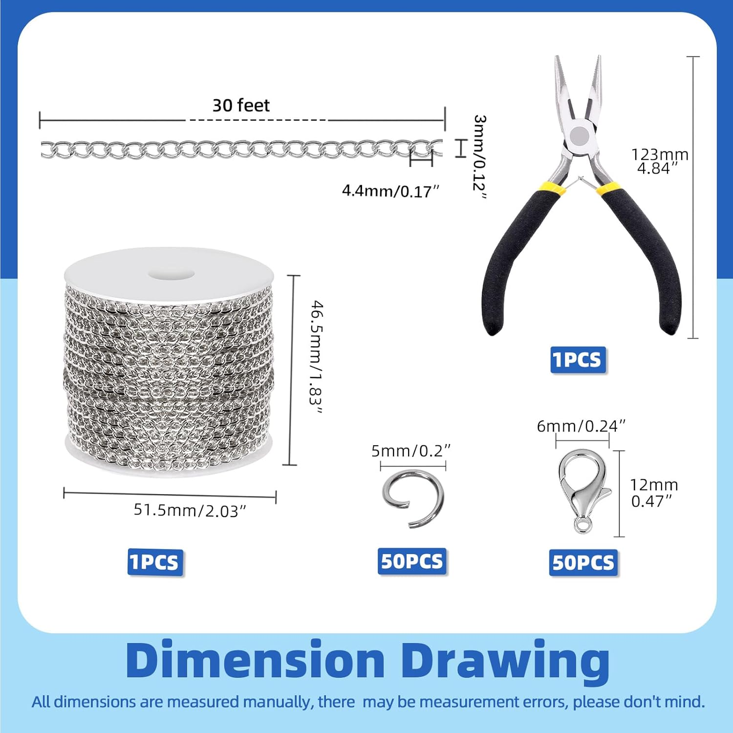 Glarks 102Pcs 30 Feet White Cable Link Chains Set with Lobster Clasps and Jump Rings for Jewelry Making - Black image number 3